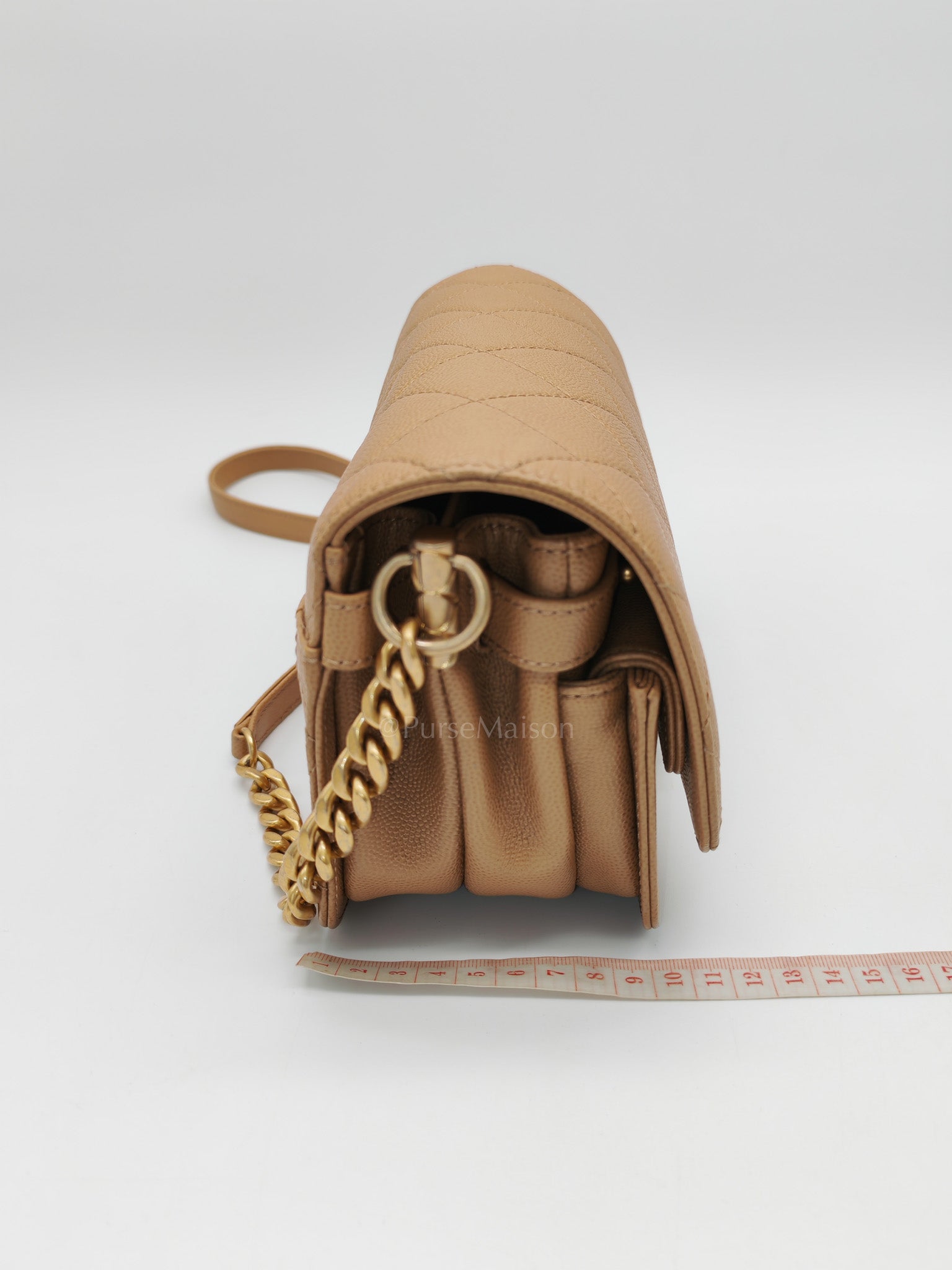 21k Messenger Bag Small in Dark Biege Caviar Leather Aged Gold Hardware (Microchip) | Purse Maison Luxury Bags Shop