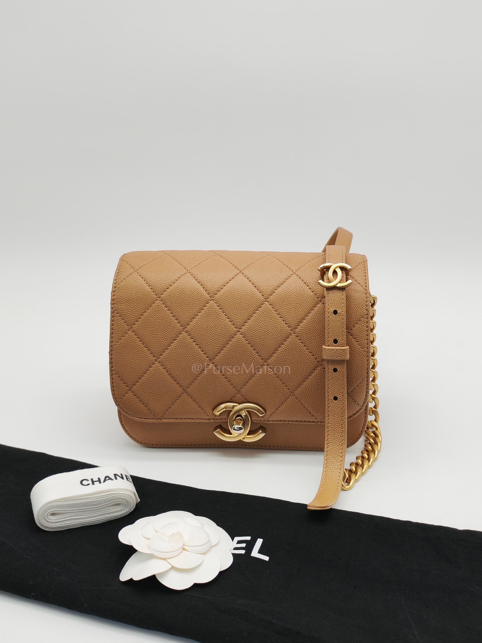 21k Messenger Bag Small in Dark Biege Caviar Leather Aged Gold Hardware (Microchip) | Purse Maison Luxury Bags Shop