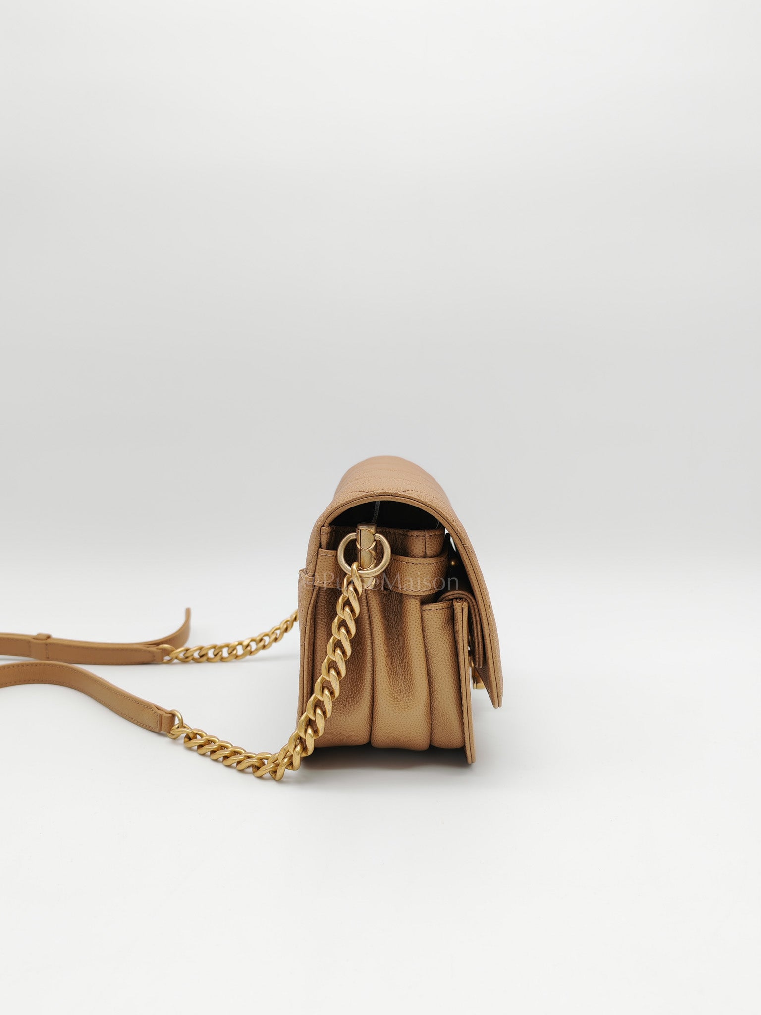 21k Messenger Bag Small in Dark Biege Caviar Leather Aged Gold Hardware (Microchip) | Purse Maison Luxury Bags Shop