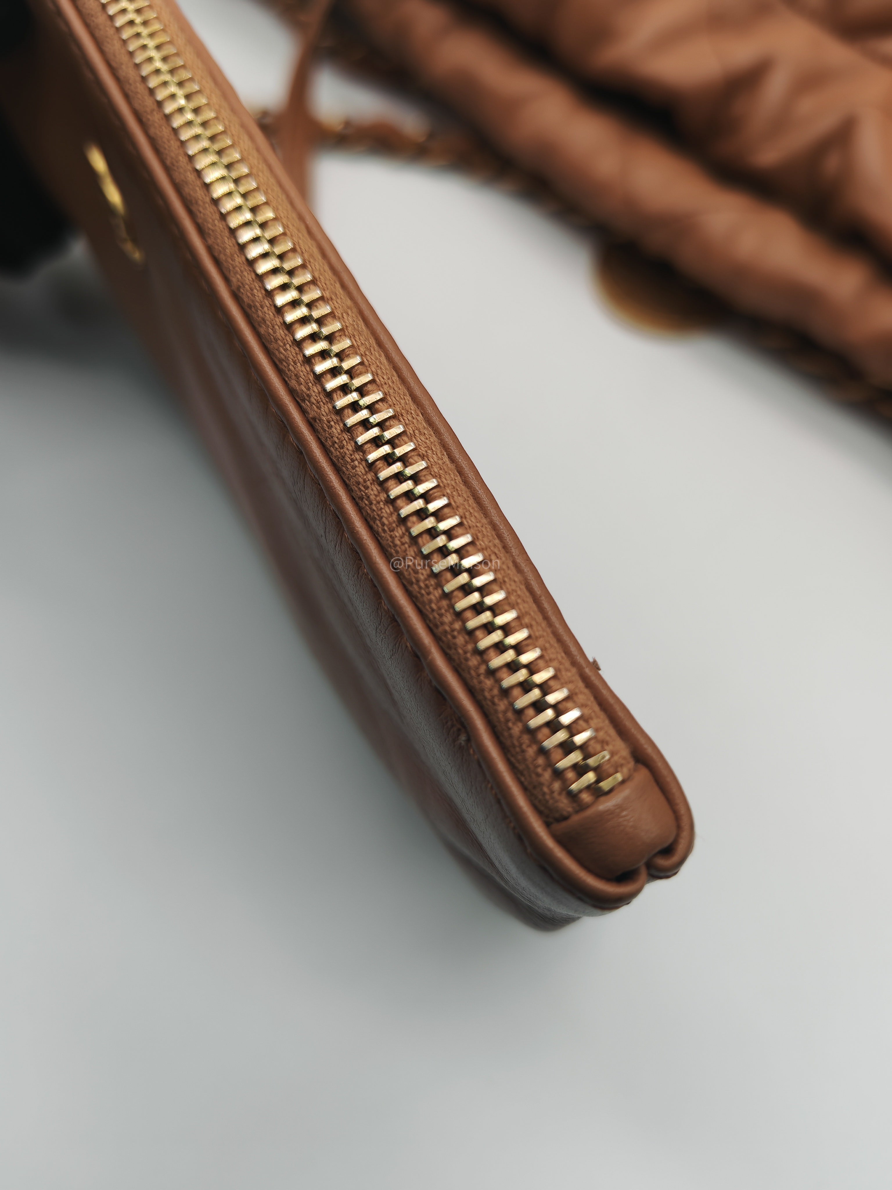 Chanel 22 Medium in Caramel Calfskin Leather Aged Gold Hardware (Microchip) | Purse Maison Luxury Bags Shop