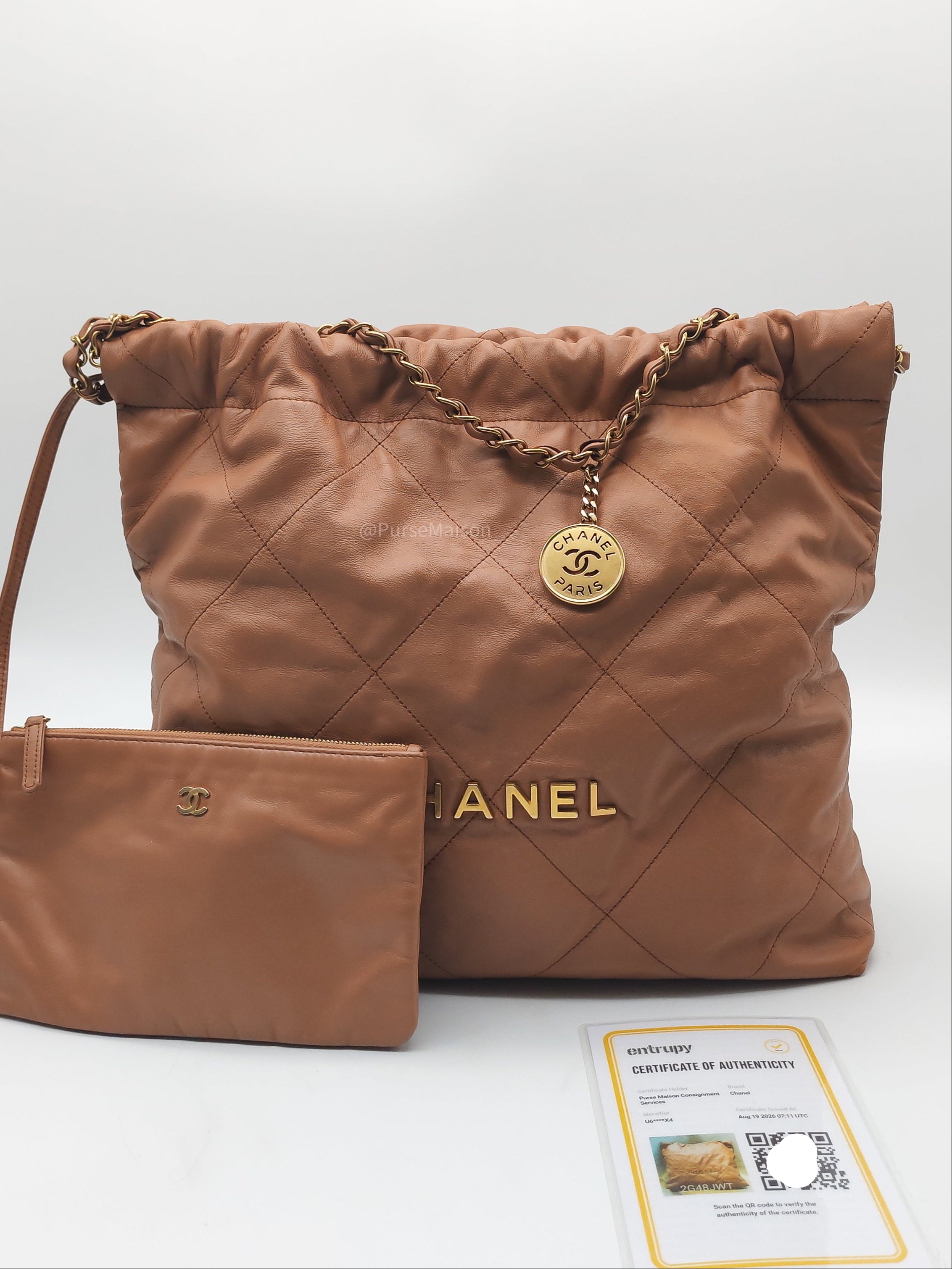 Chanel 22 Medium in Caramel Calfskin Leather Aged Gold Hardware (Microchip) | Purse Maison Luxury Bags Shop