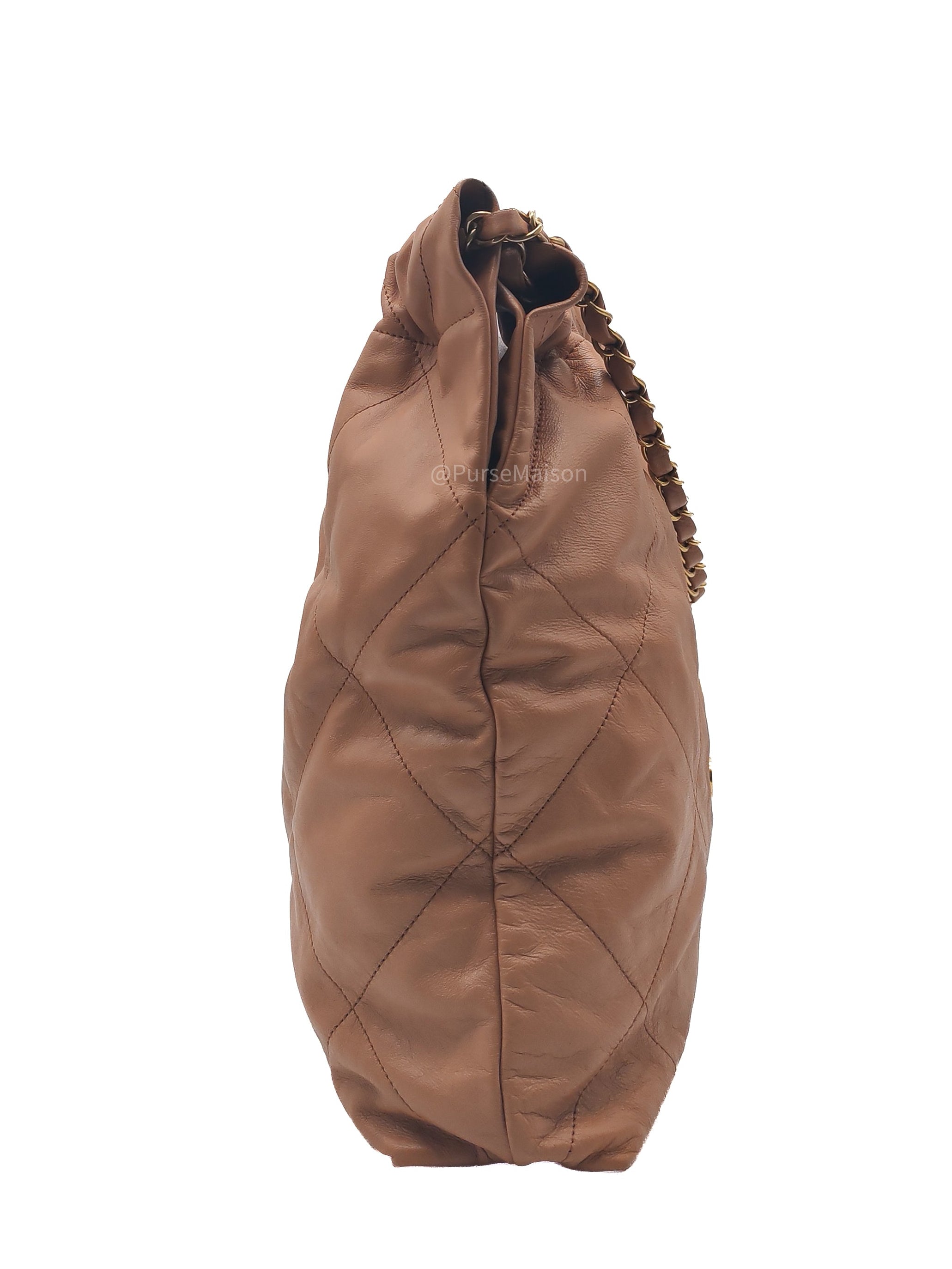 Chanel 22 Medium in Caramel Calfskin Leather Aged Gold Hardware (Microchip) | Purse Maison Luxury Bags Shop