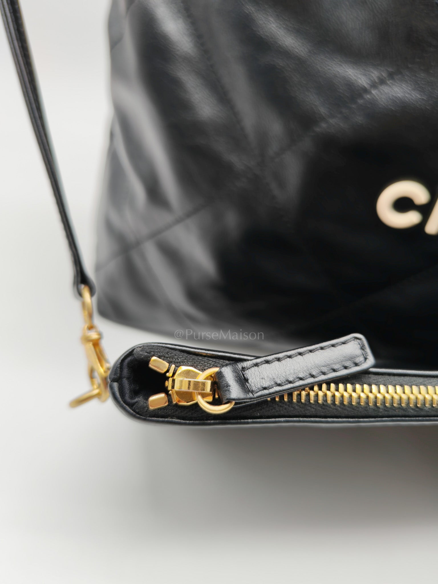 22 Medium in Black Quilted Goatskin Leather and Aged Gold Hardware (Microchip) | Purse Maison Luxury Bags Shop