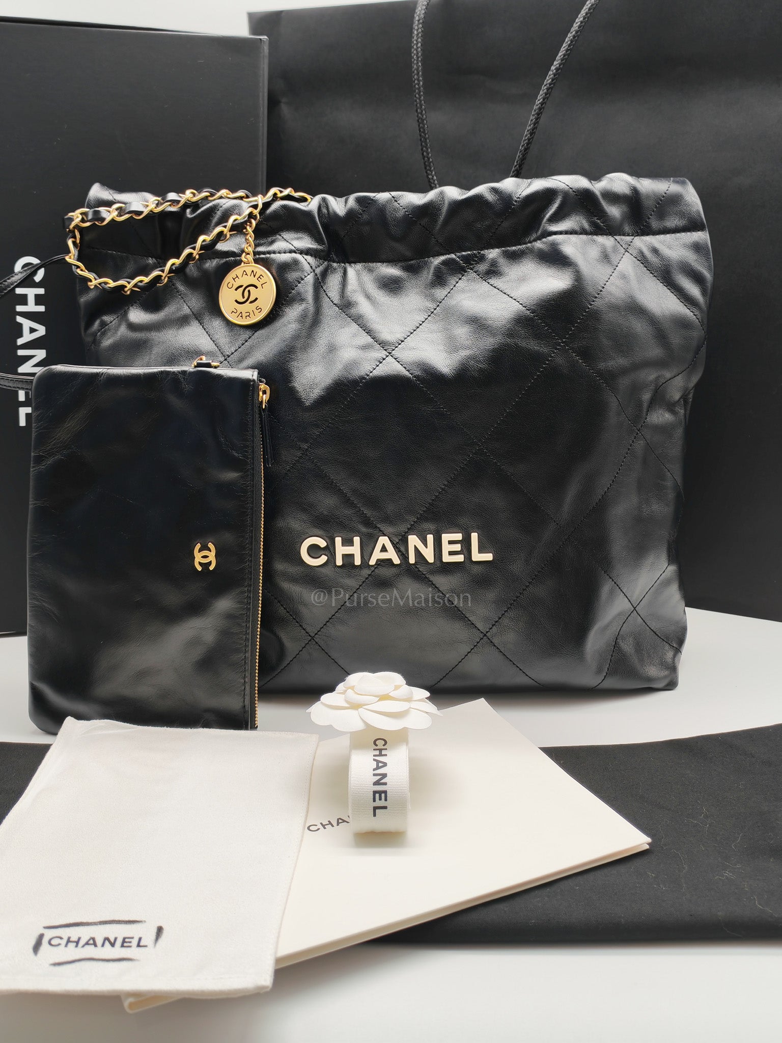 22 Medium in Black Quilted Goatskin Leather and Aged Gold Hardware (Microchip) | Purse Maison Luxury Bags Shop