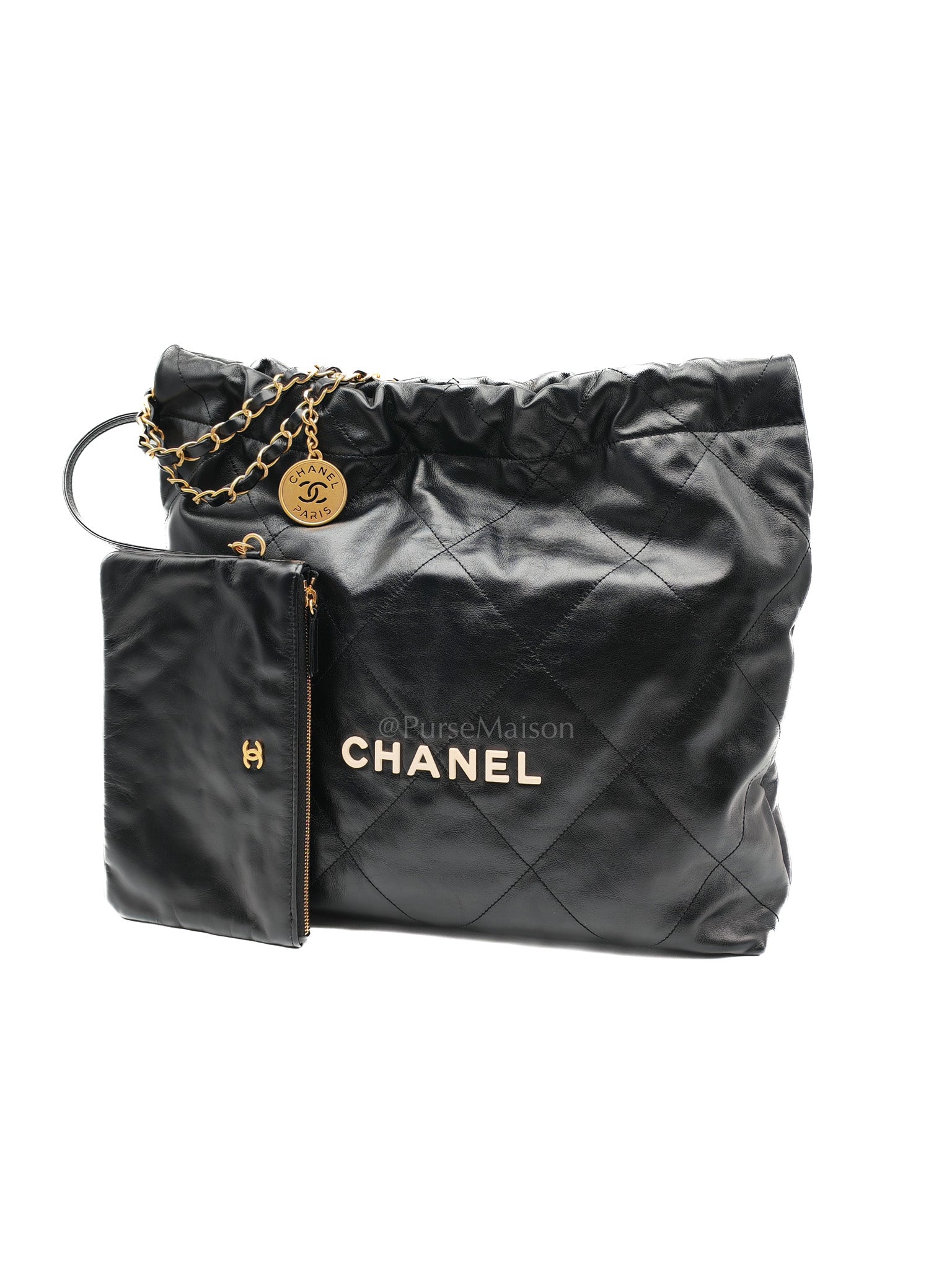 22 Medium in Black Quilted Goatskin Leather and Aged Gold Hardware (Microchip) | Purse Maison Luxury Bags Shop