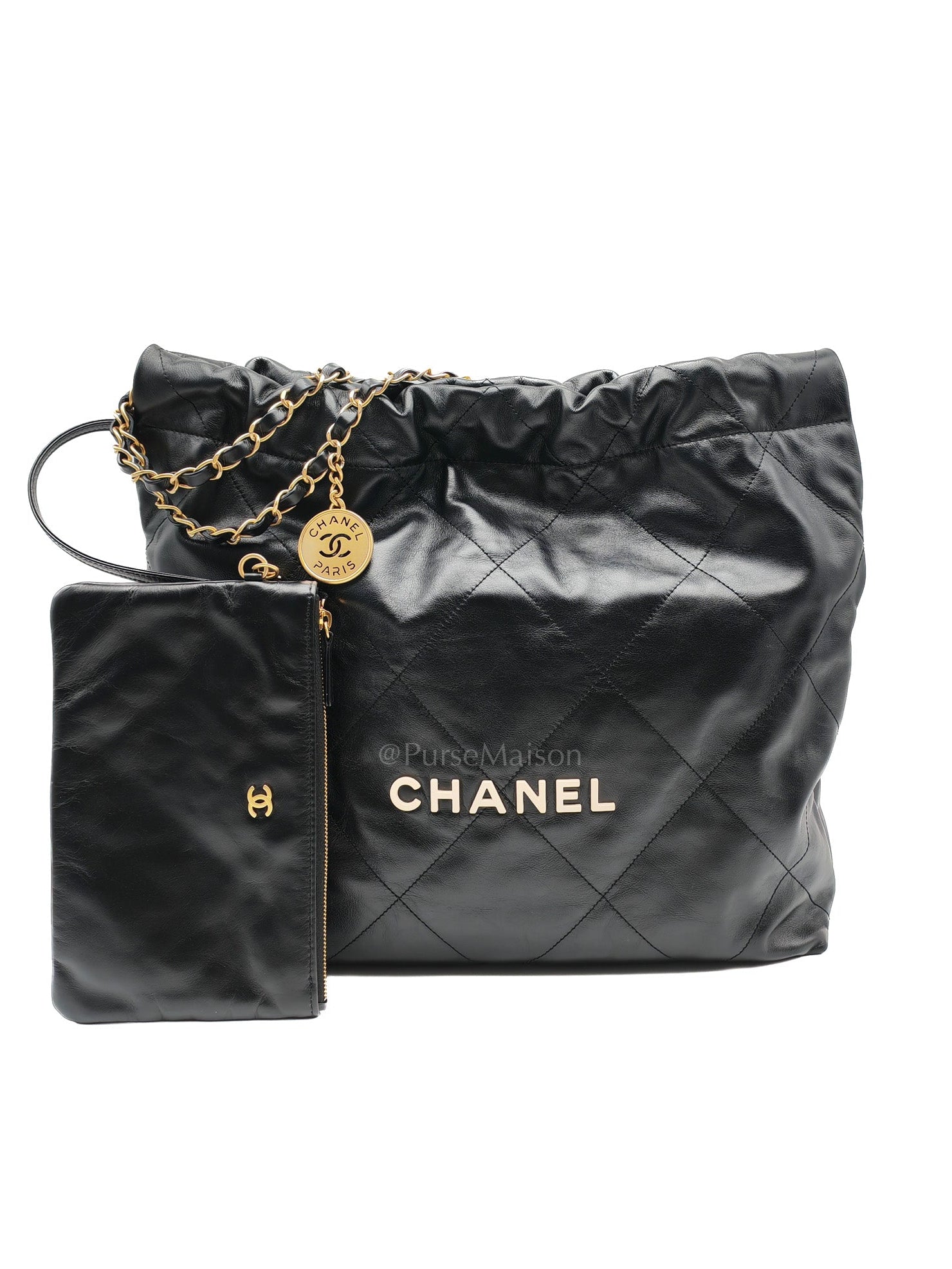 22 Medium in Black Quilted Goatskin Leather and Aged Gold Hardware (Microchip) | Purse Maison Luxury Bags Shop