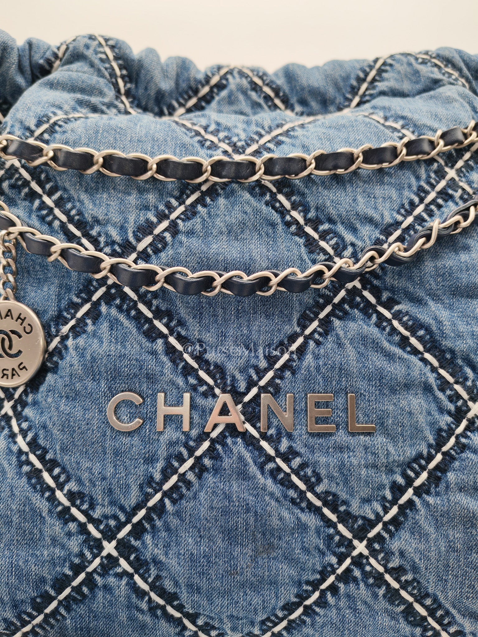 Chanel 22 Medium in Blue Stitched Denim and Silver Hardware Microchip | Purse Maison Luxury Bags Shop