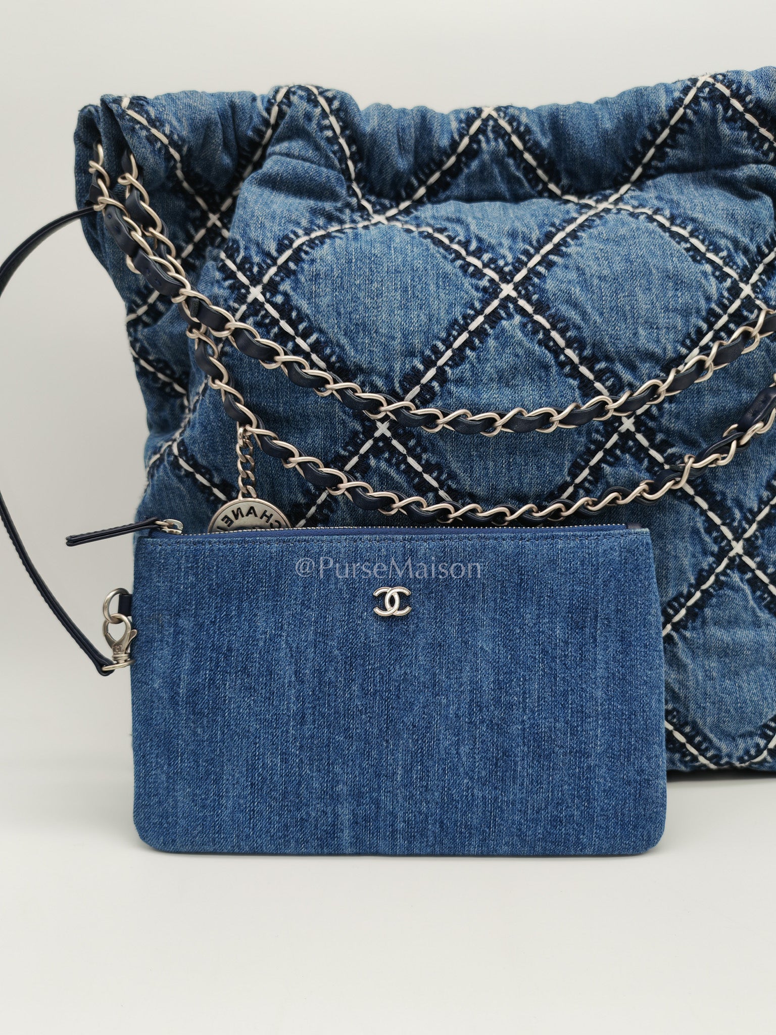 Chanel 22 Medium in Blue Stitched Denim and Silver Hardware Microchip | Purse Maison Luxury Bags Shop