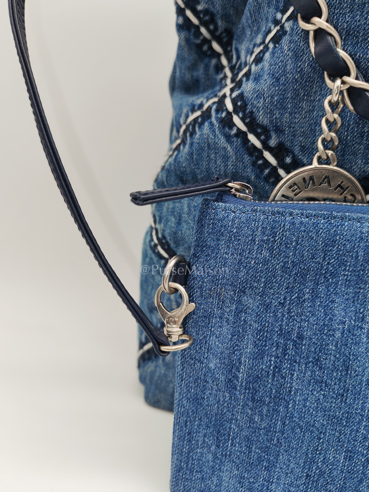 Chanel 22 Medium in Blue Stitched Denim and Silver Hardware Microchip | Purse Maison Luxury Bags Shop
