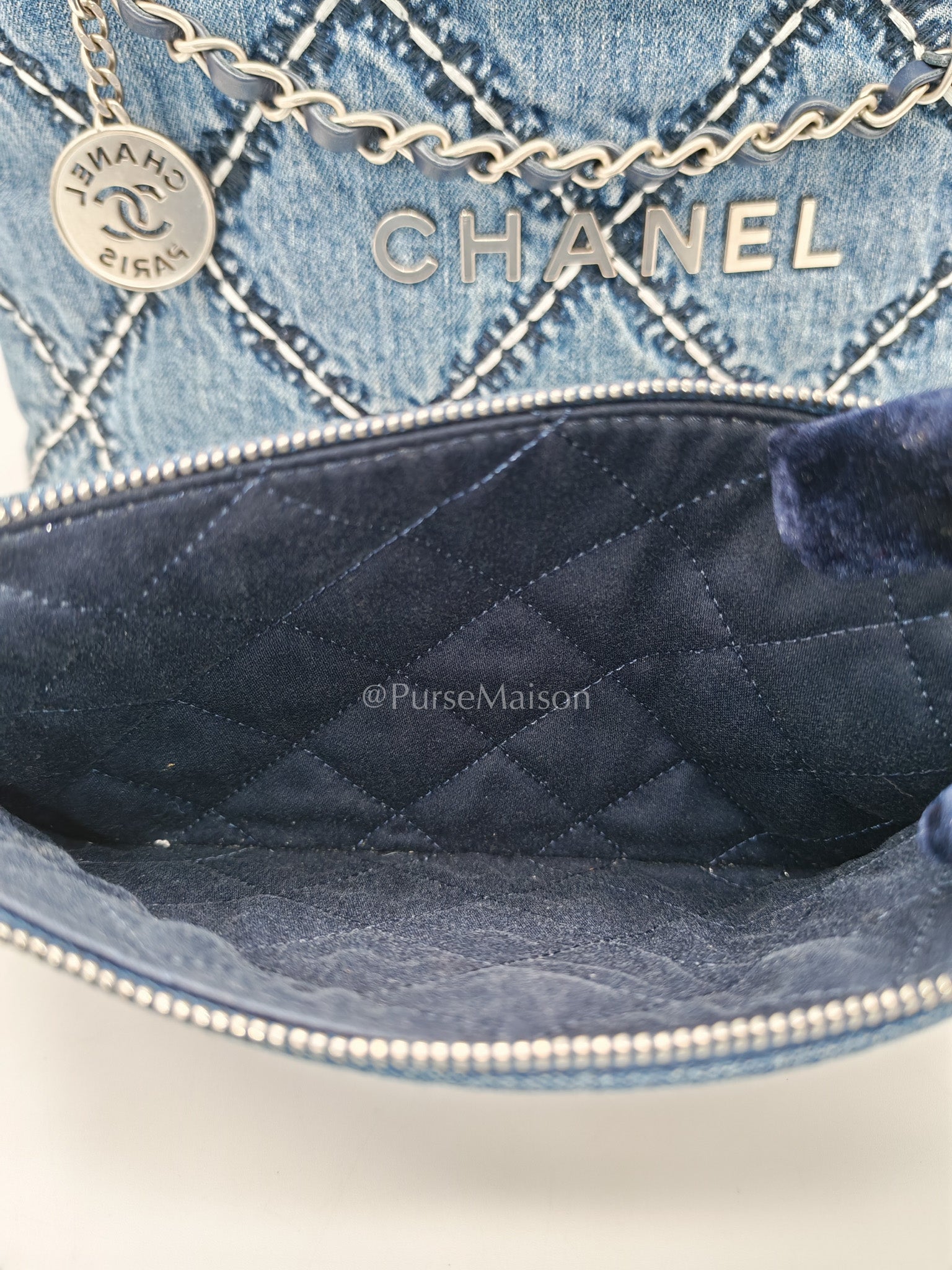 Chanel 22 Medium in Blue Stitched Denim and Silver Hardware Microchip | Purse Maison Luxury Bags Shop