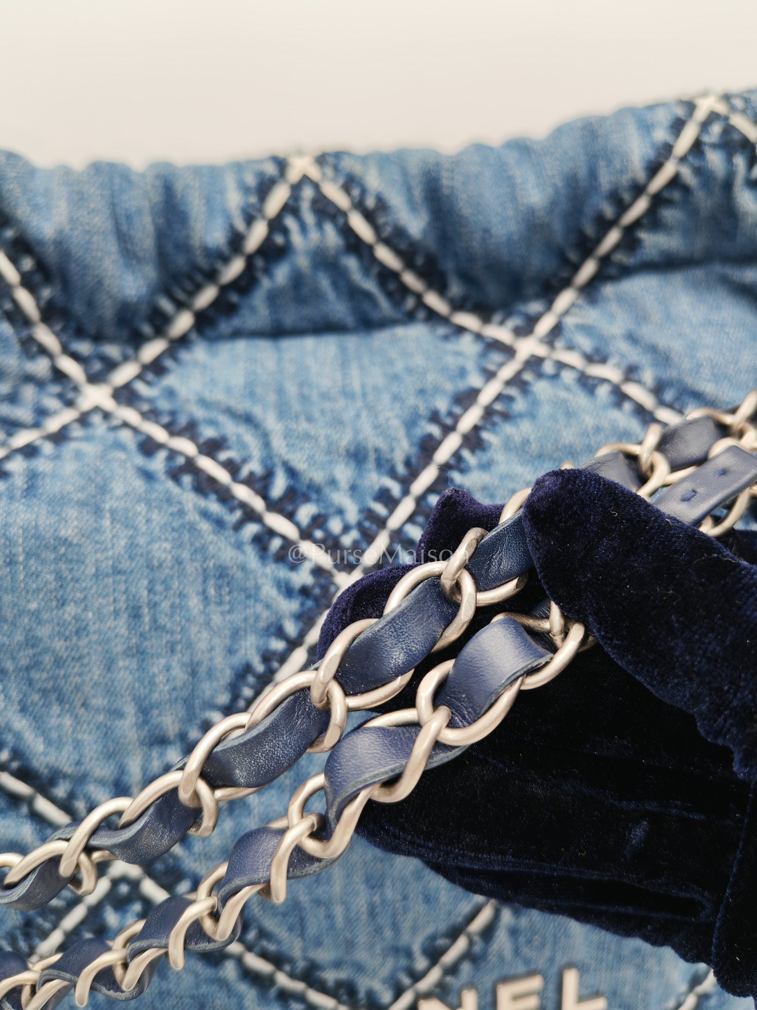 Chanel 22 Medium in Blue Stitched Denim and Silver Hardware Microchip | Purse Maison Luxury Bags Shop