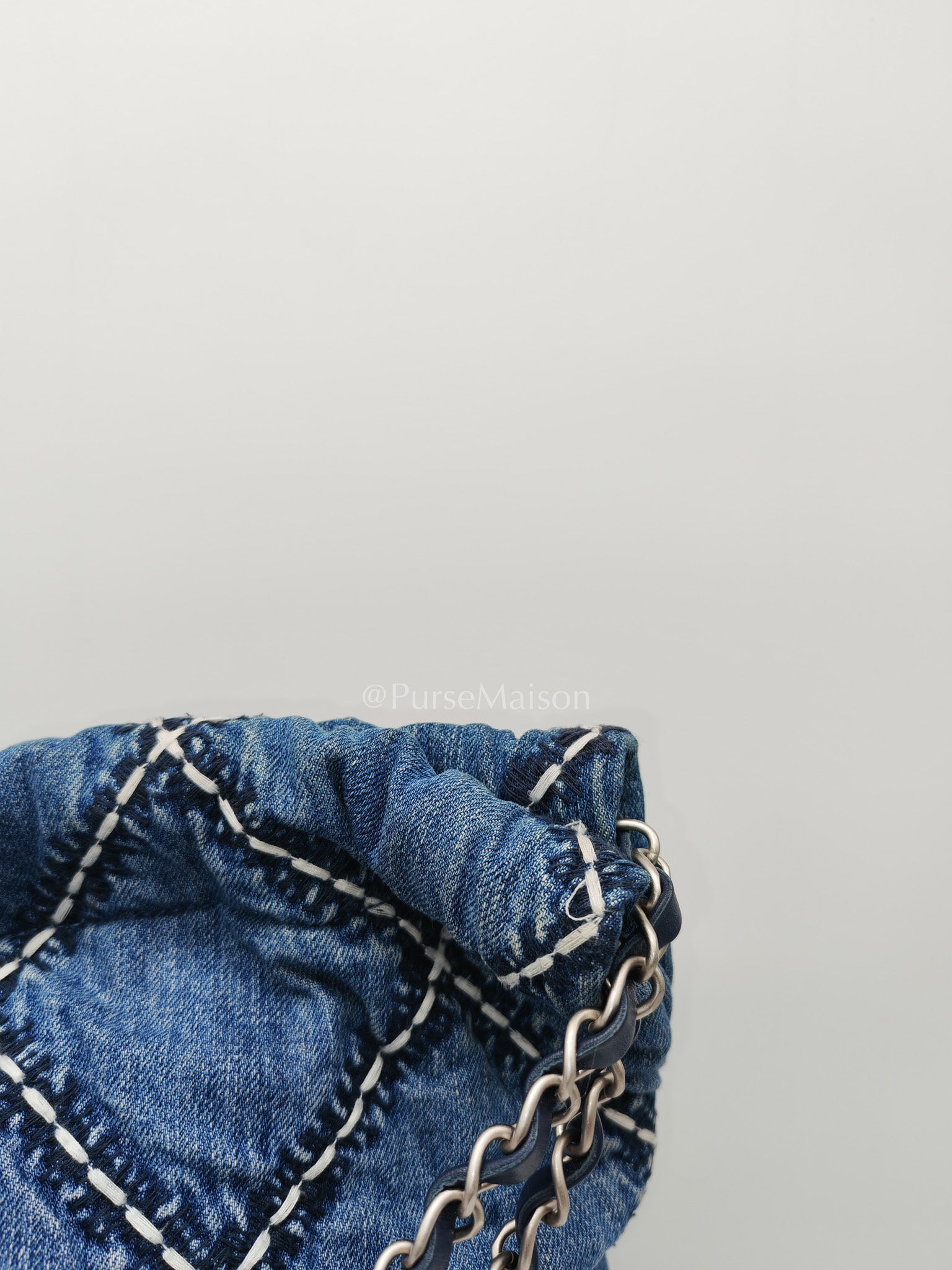 Chanel 22 Medium in Blue Stitched Denim and Silver Hardware Microchip | Purse Maison Luxury Bags Shop