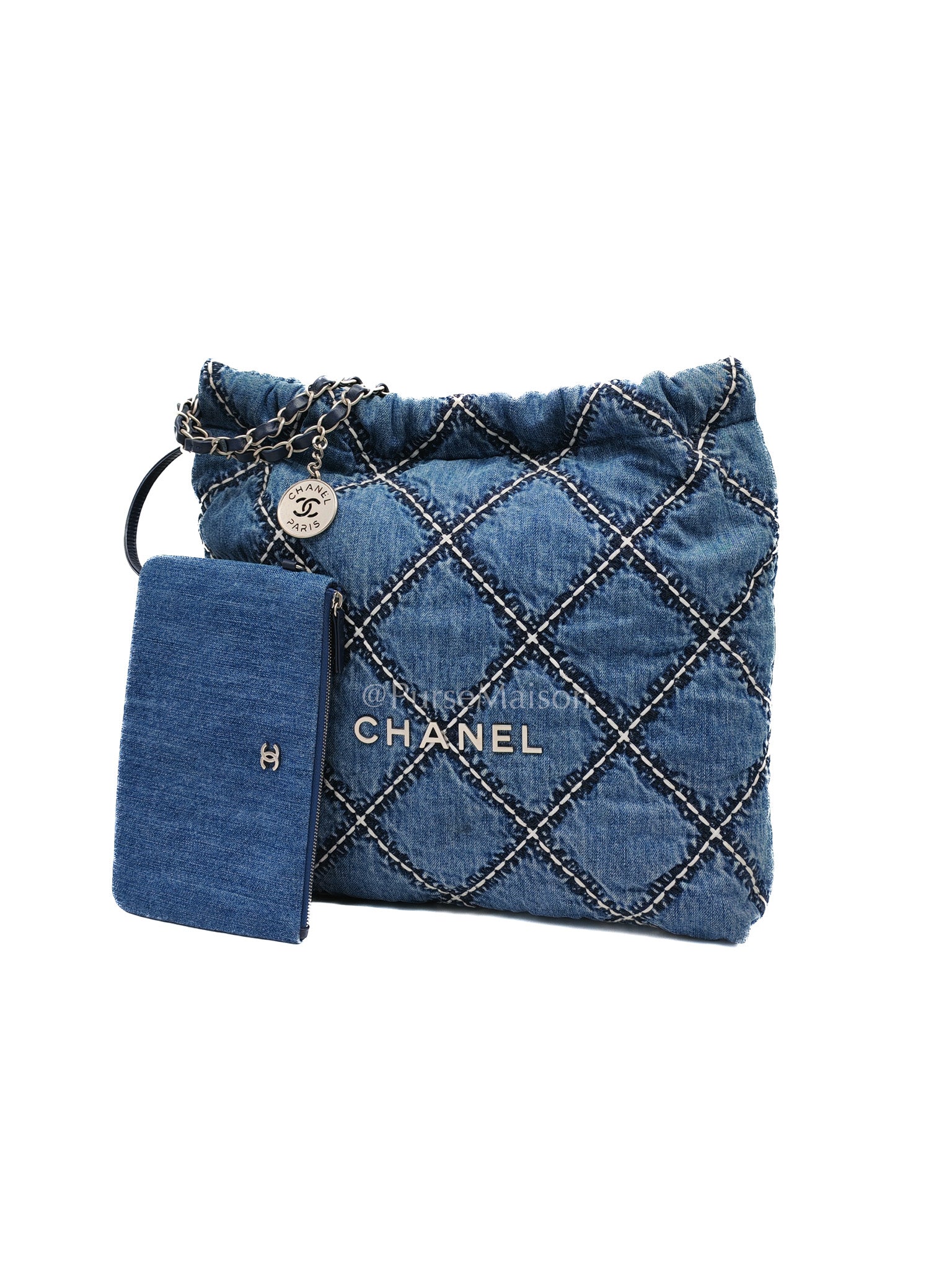 Chanel 22 Medium in Blue Stitched Denim and Silver Hardware Microchip | Purse Maison Luxury Bags Shop