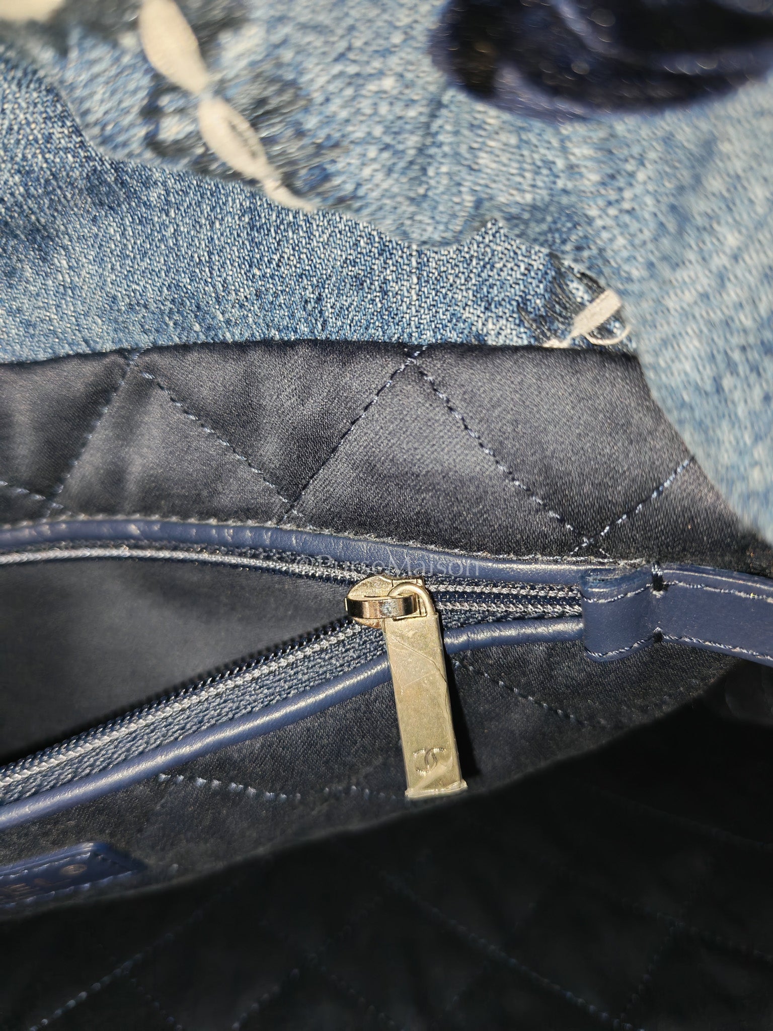 Chanel 22 Medium in Blue Stitched Denim and Silver Hardware Microchip | Purse Maison Luxury Bags Shop