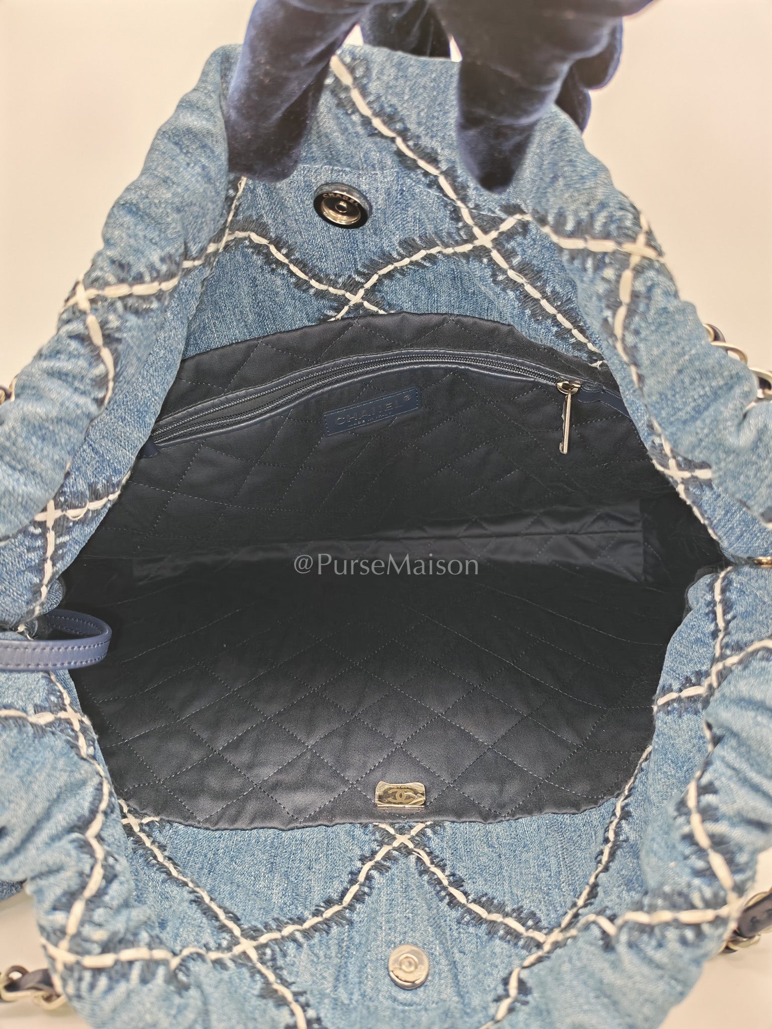 Chanel 22 Medium in Blue Stitched Denim and Silver Hardware Microchip | Purse Maison Luxury Bags Shop