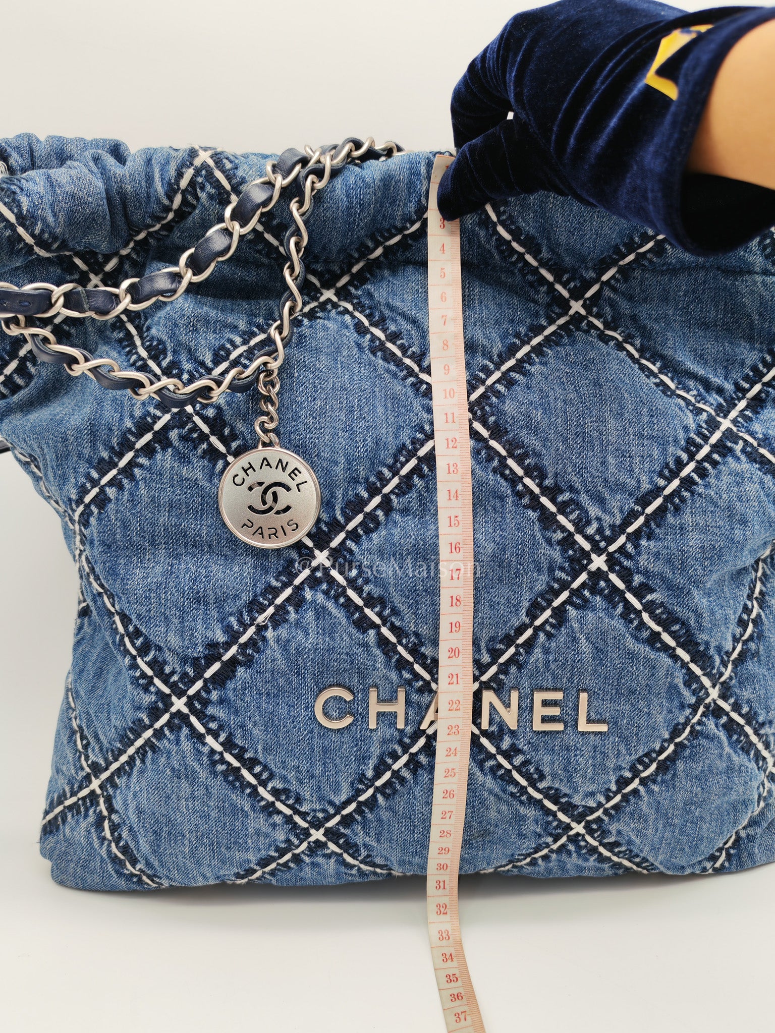 Chanel 22 Medium in Blue Stitched Denim and Silver Hardware Microchip | Purse Maison Luxury Bags Shop