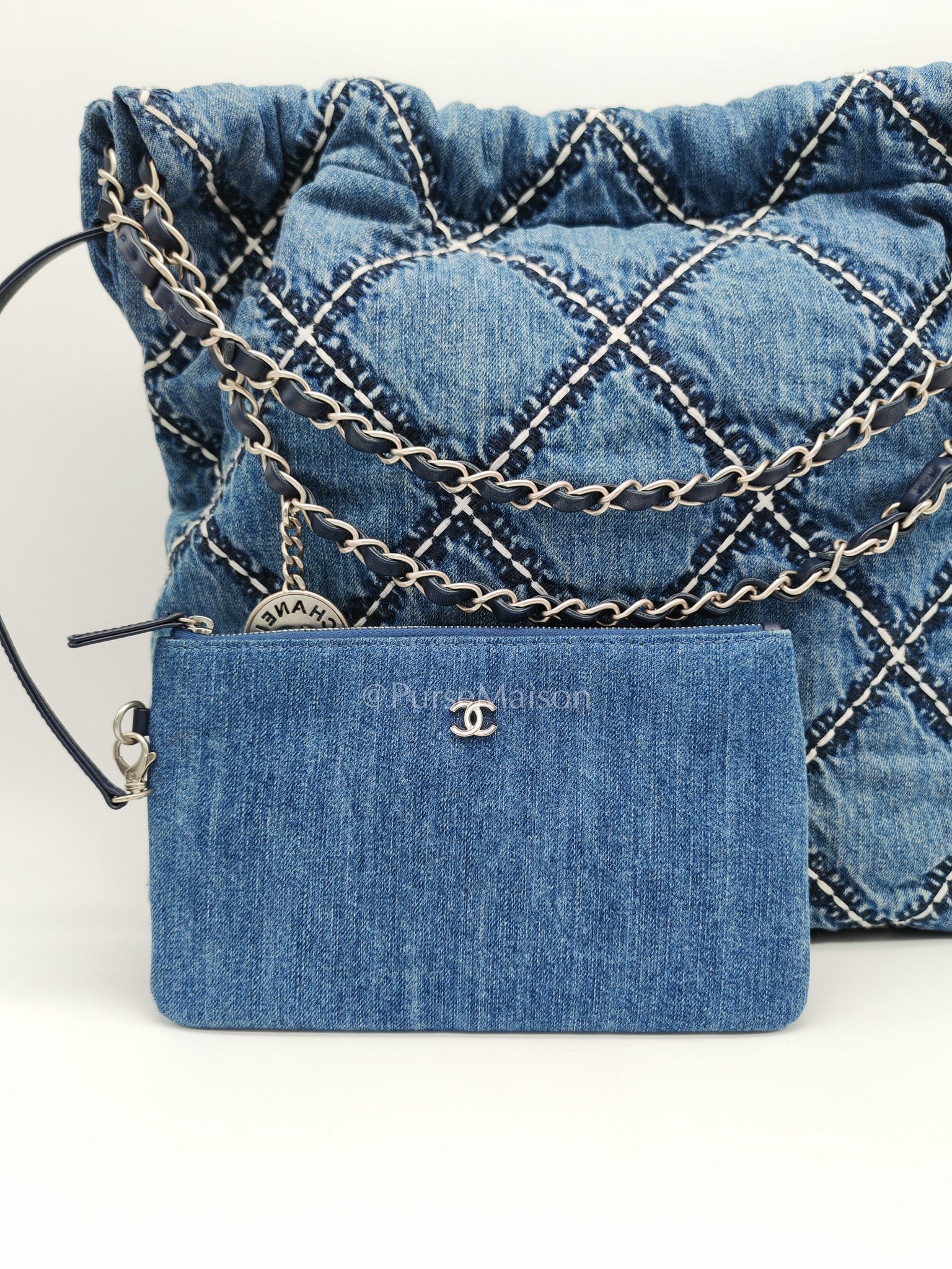 Chanel 22 Medium in Blue Stitched Denim and Silver Hardware Microchip | Purse Maison Luxury Bags Shop