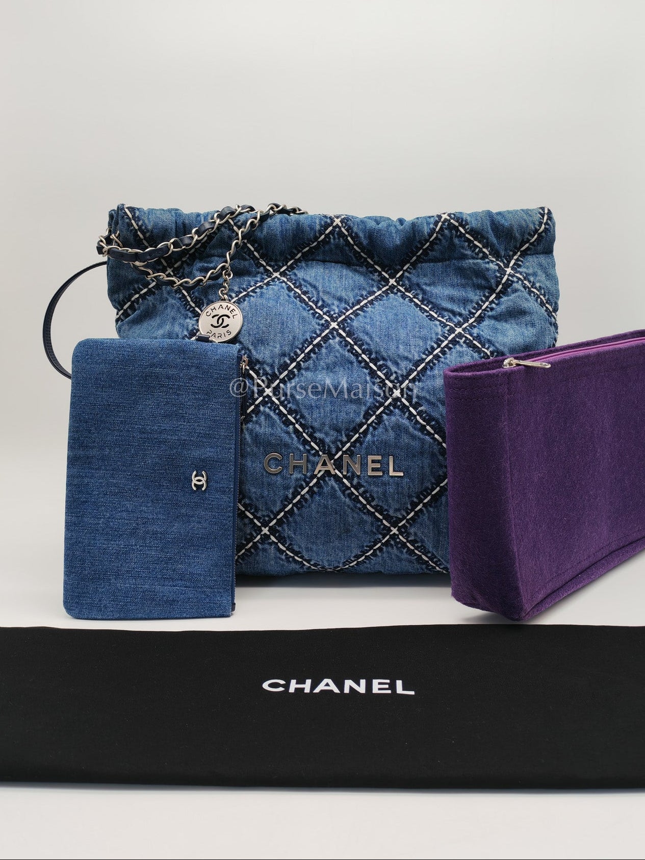 Chanel 22 Medium in Blue Stitched Denim and Silver Hardware Microchip | Purse Maison Luxury Bags Shop
