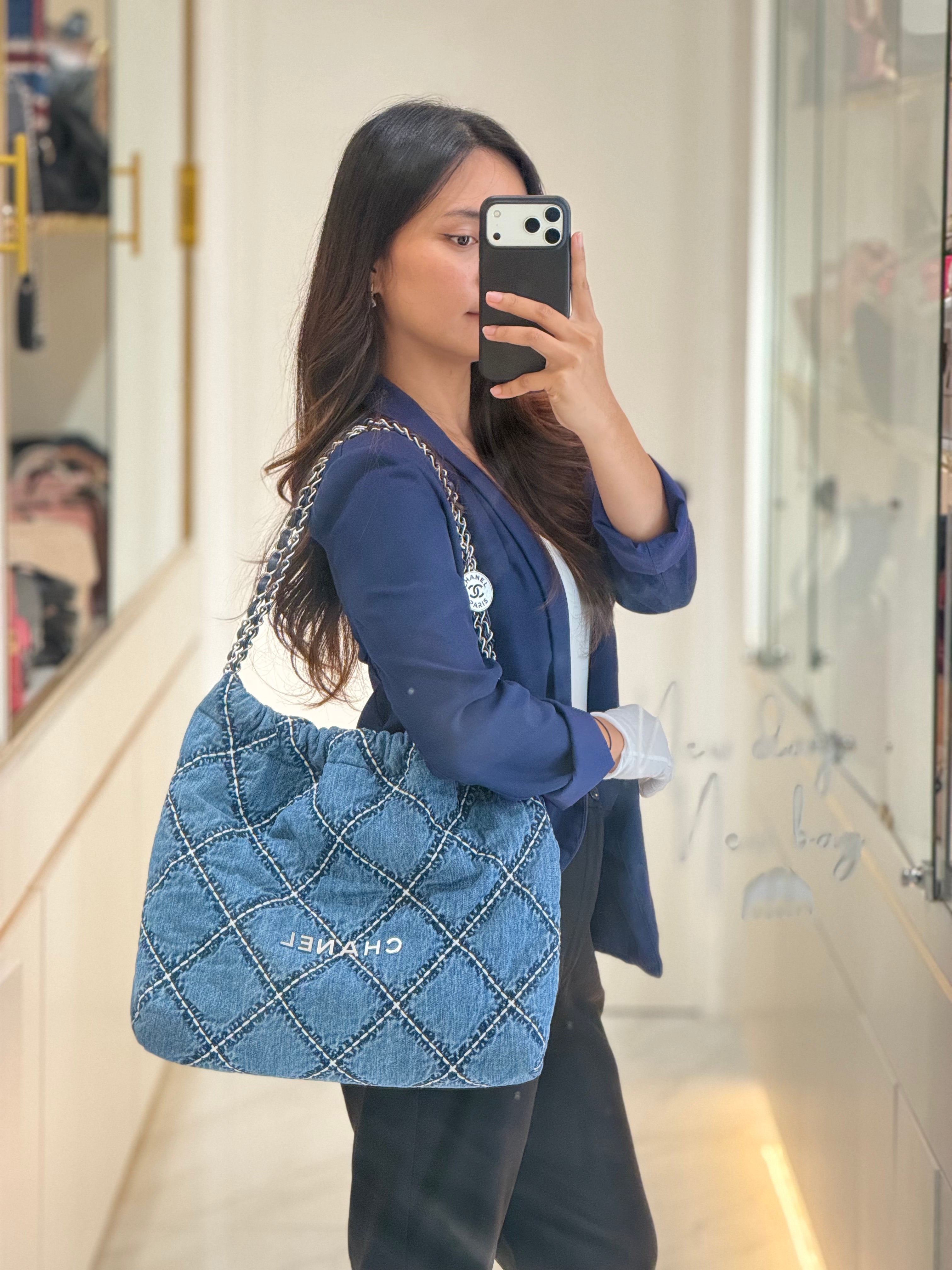 Chanel 22 Medium in Blue Stitched Denim and Silver Hardware Microchip | Purse Maison Luxury Bags Shop