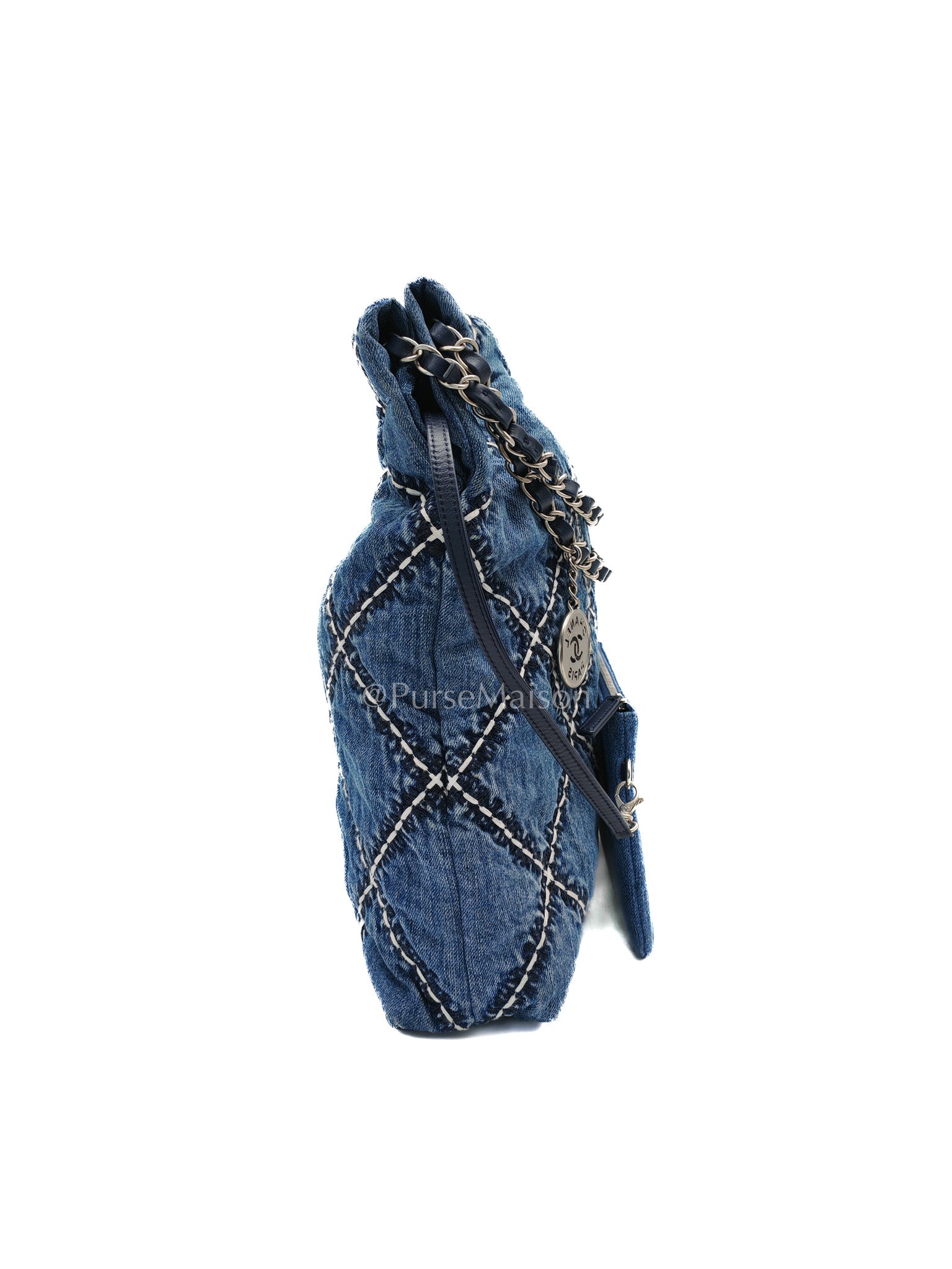 Chanel 22 Medium in Blue Stitched Denim and Silver Hardware Microchip | Purse Maison Luxury Bags Shop