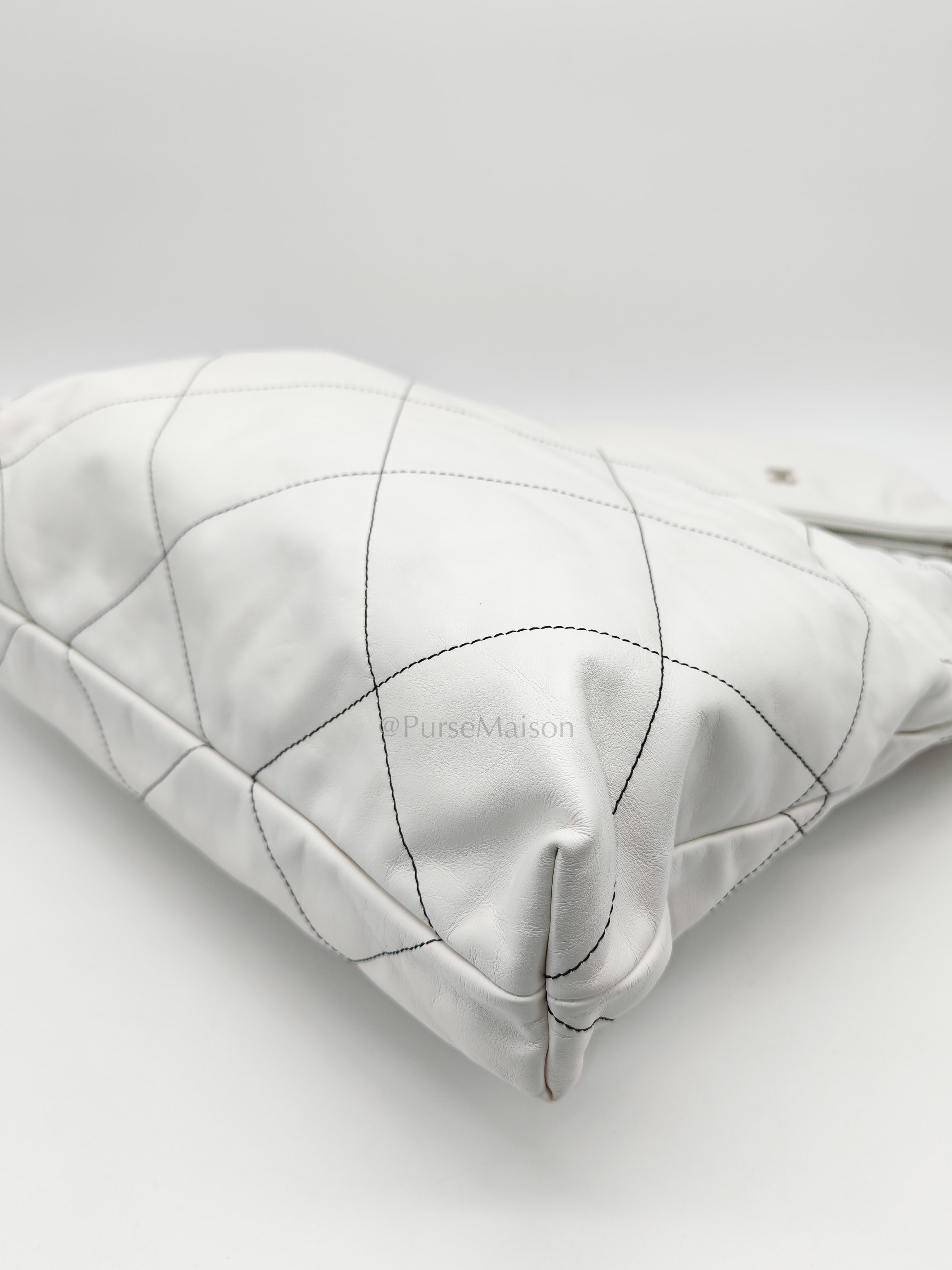 22 in White Quilted Calfskin Leather & Silver Hardware Microchip | Purse Maison Luxury Bags Shop
