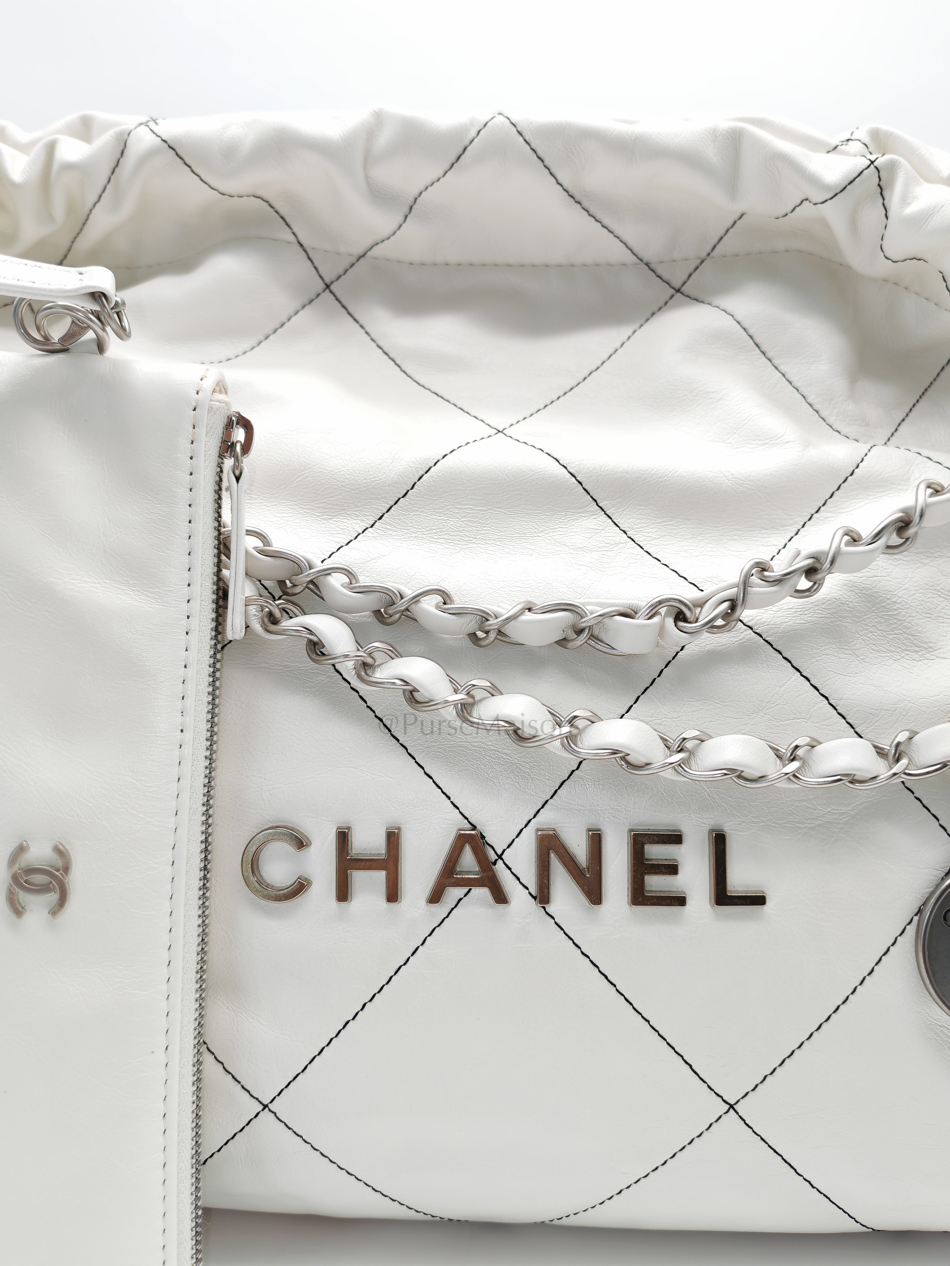 22 in White Quilted Calfskin Leather & Silver Hardware Microchip | Purse Maison Luxury Bags Shop