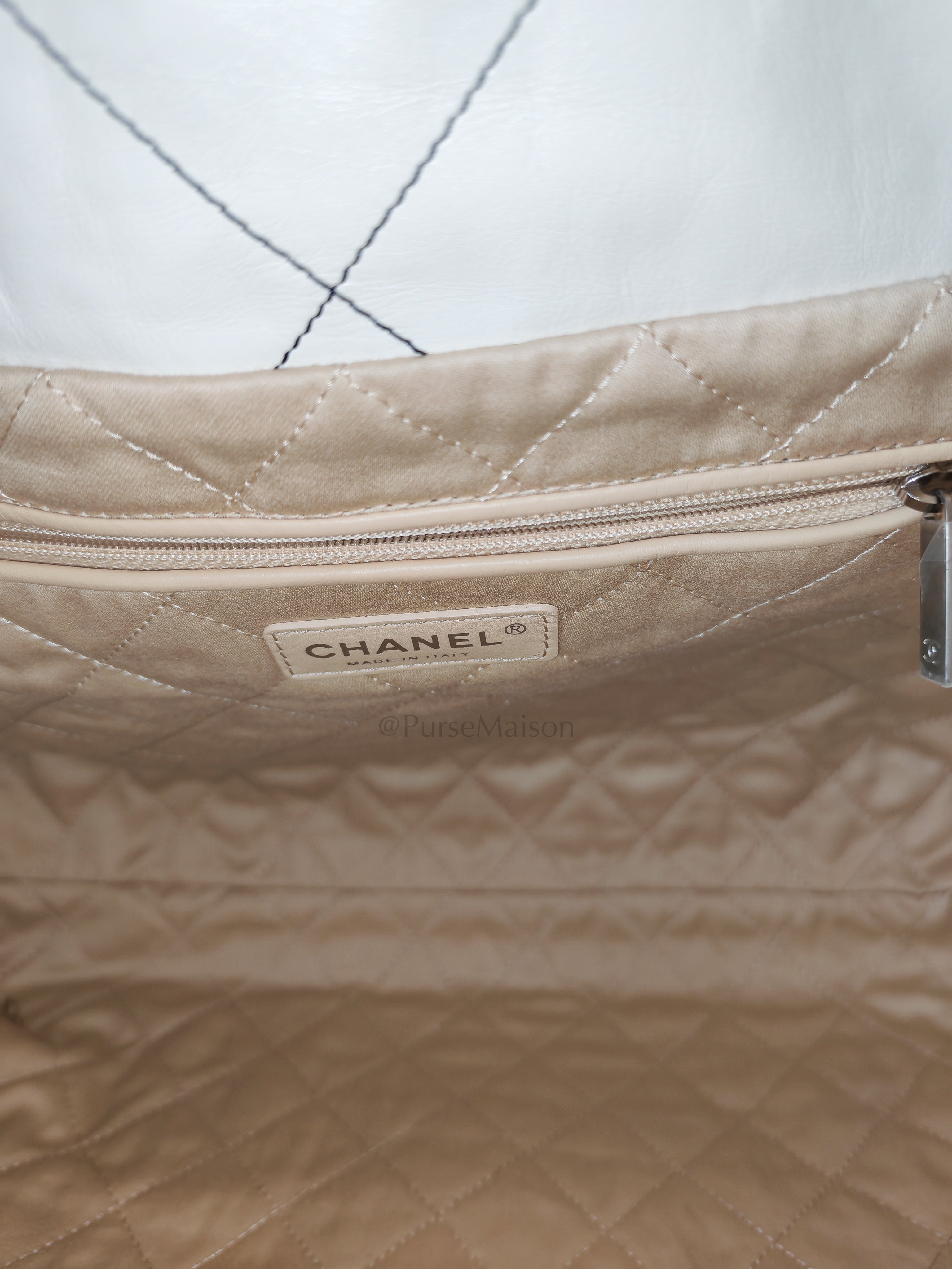 22 in White Quilted Calfskin Leather & Silver Hardware Microchip | Purse Maison Luxury Bags Shop