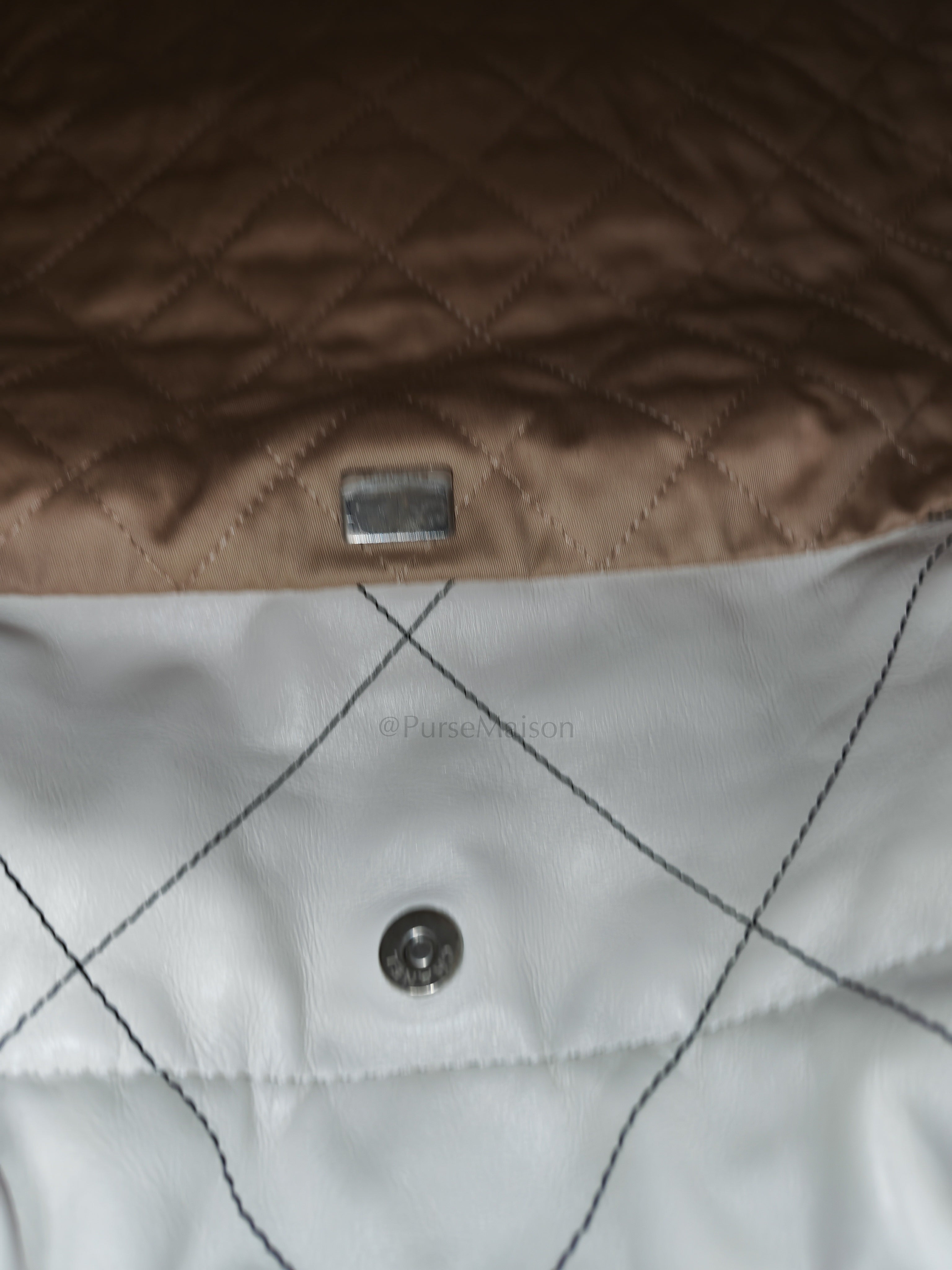 22 in White Quilted Calfskin Leather & Silver Hardware Microchip | Purse Maison Luxury Bags Shop