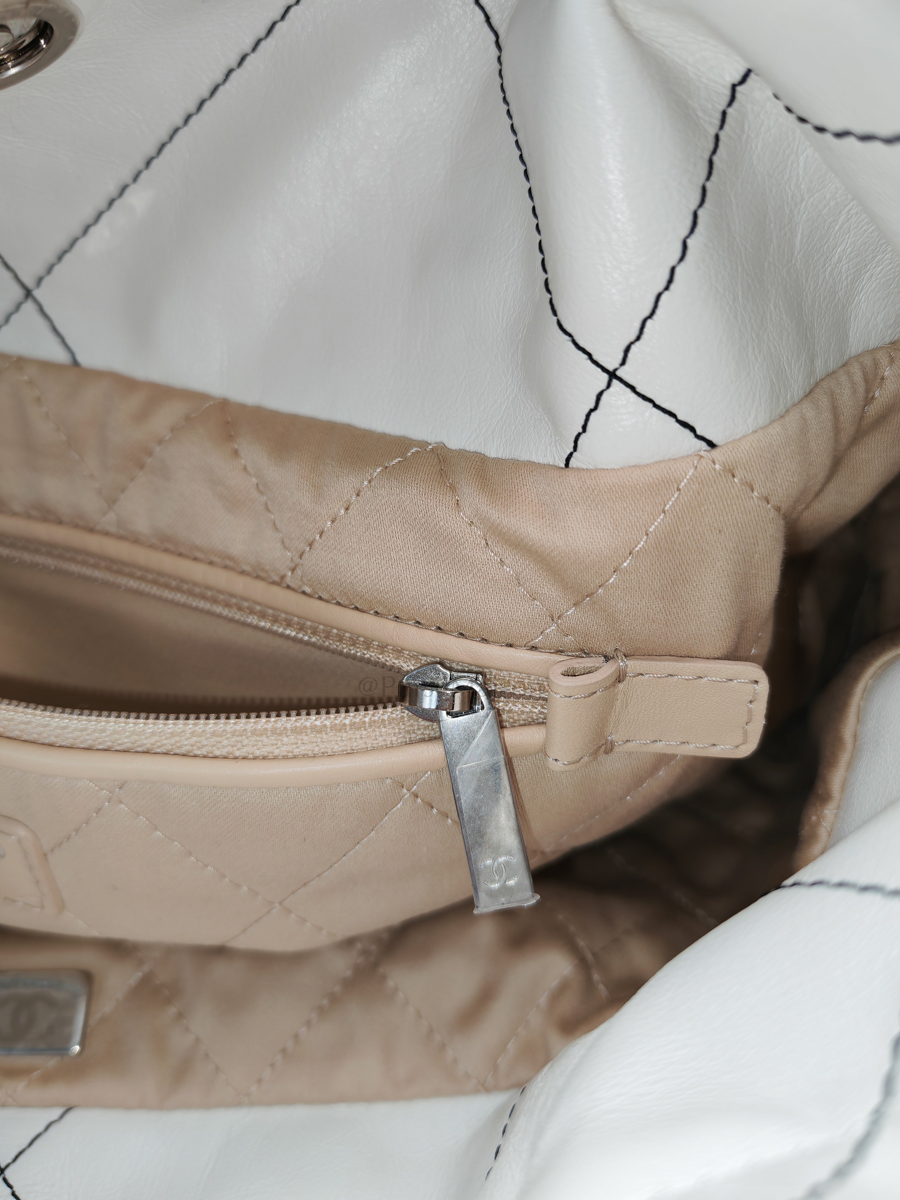 22 in White Quilted Calfskin Leather & Silver Hardware Microchip | Purse Maison Luxury Bags Shop