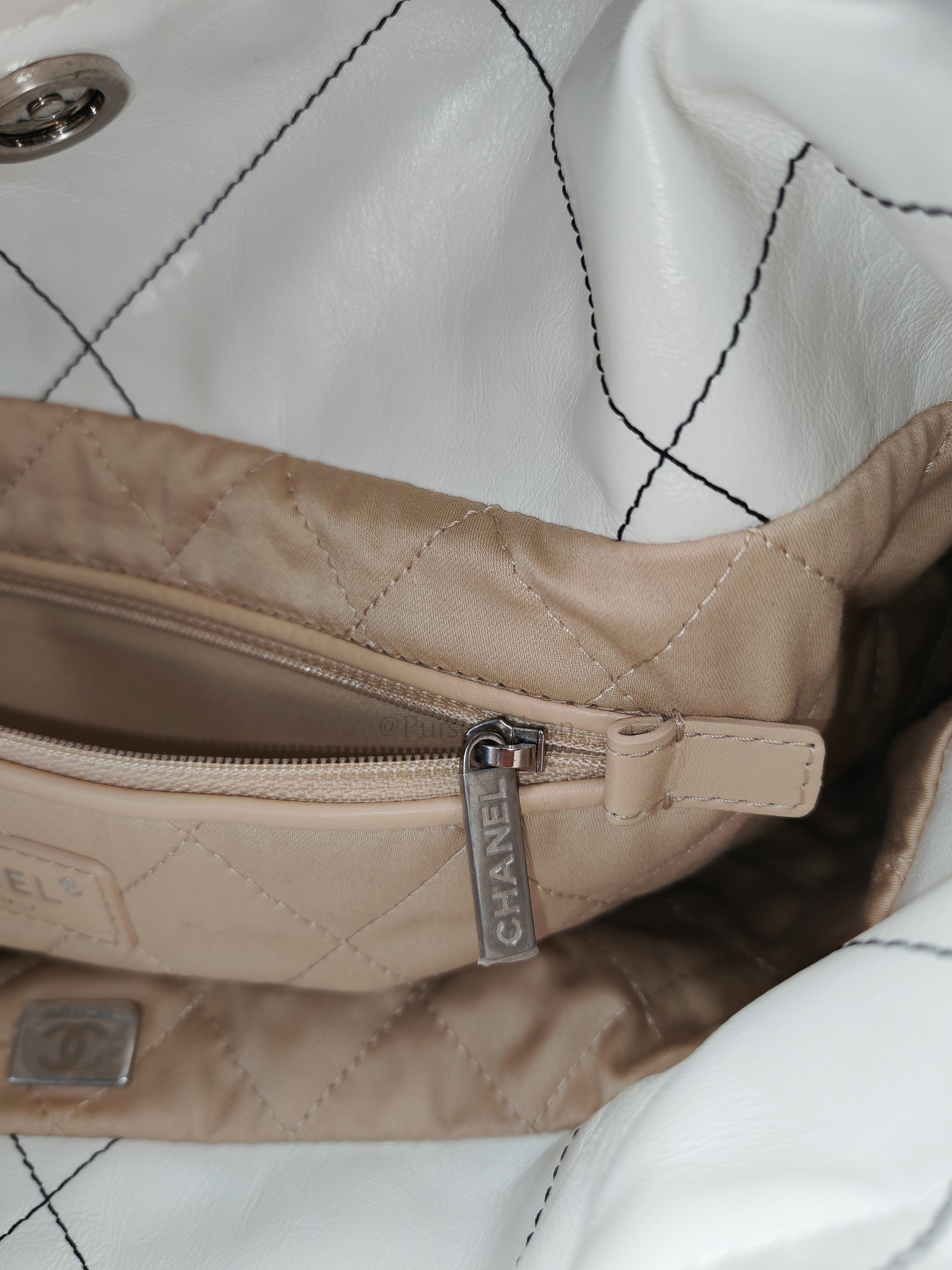 22 in White Quilted Calfskin Leather & Silver Hardware Microchip | Purse Maison Luxury Bags Shop