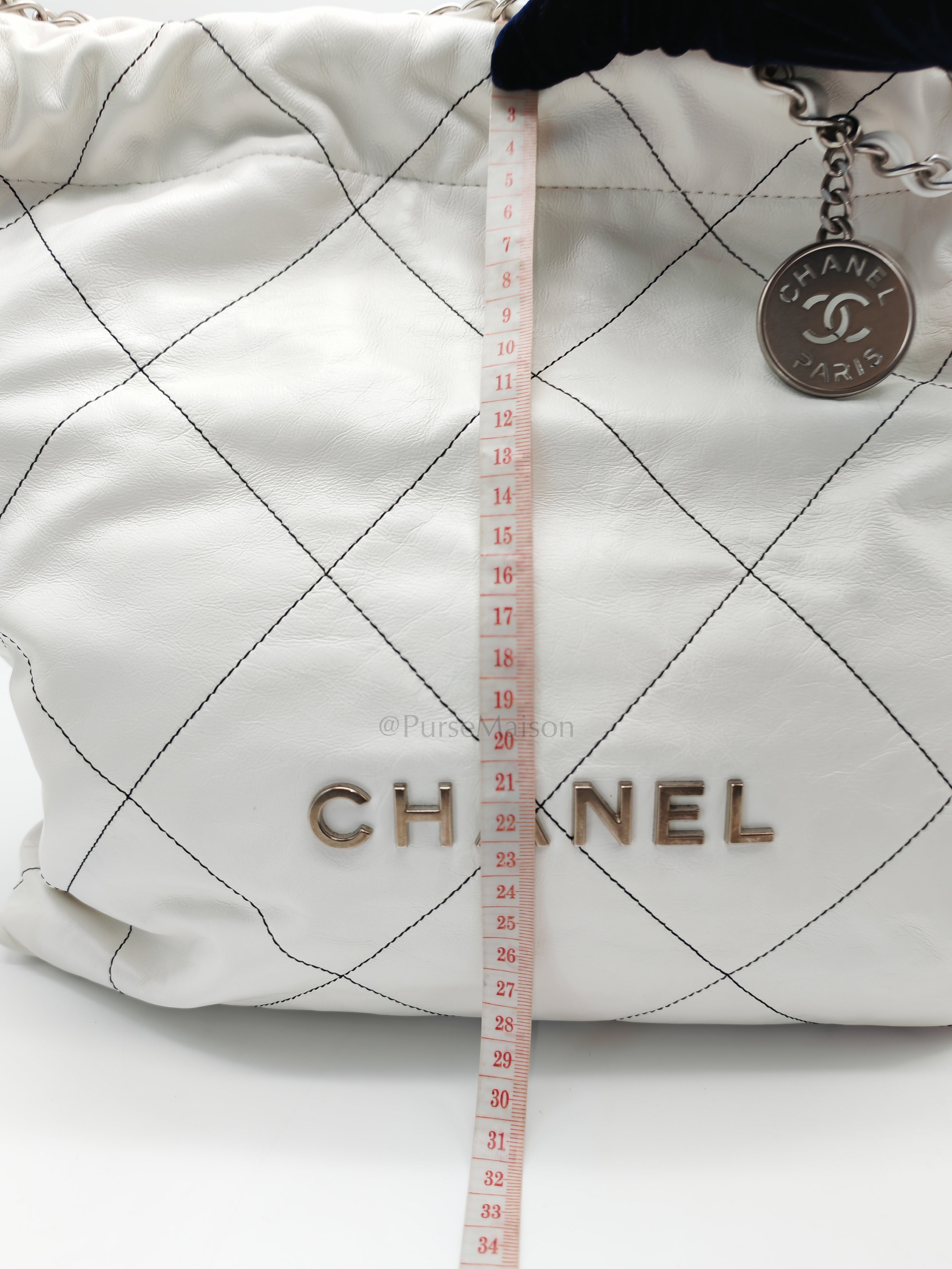 22 in White Quilted Calfskin Leather & Silver Hardware Microchip | Purse Maison Luxury Bags Shop