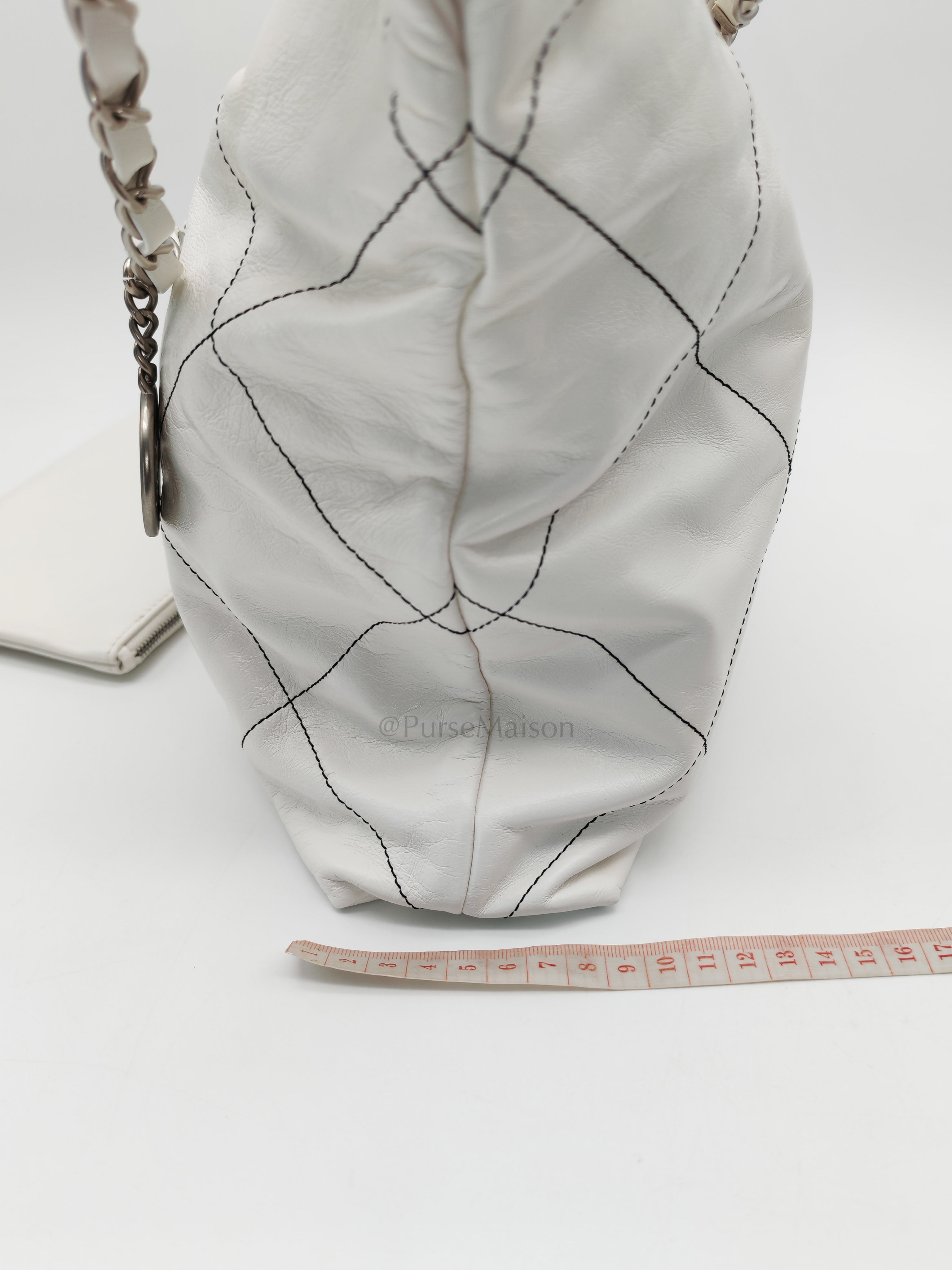 22 in White Quilted Calfskin Leather & Silver Hardware Microchip | Purse Maison Luxury Bags Shop