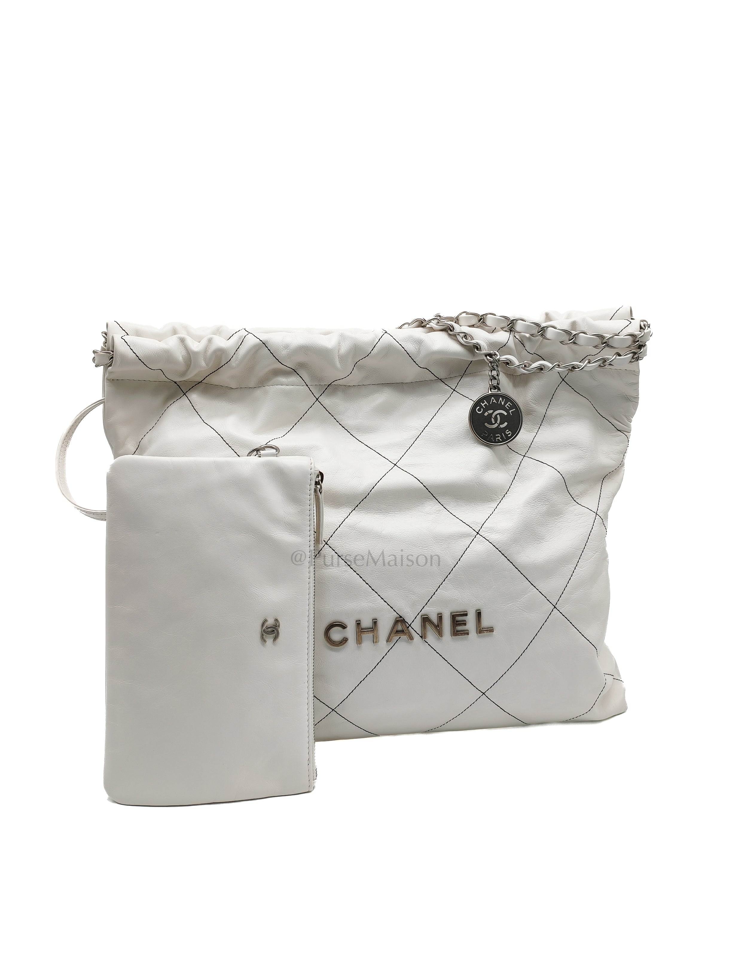 22 in White Quilted Calfskin Leather & Silver Hardware Microchip | Purse Maison Luxury Bags Shop