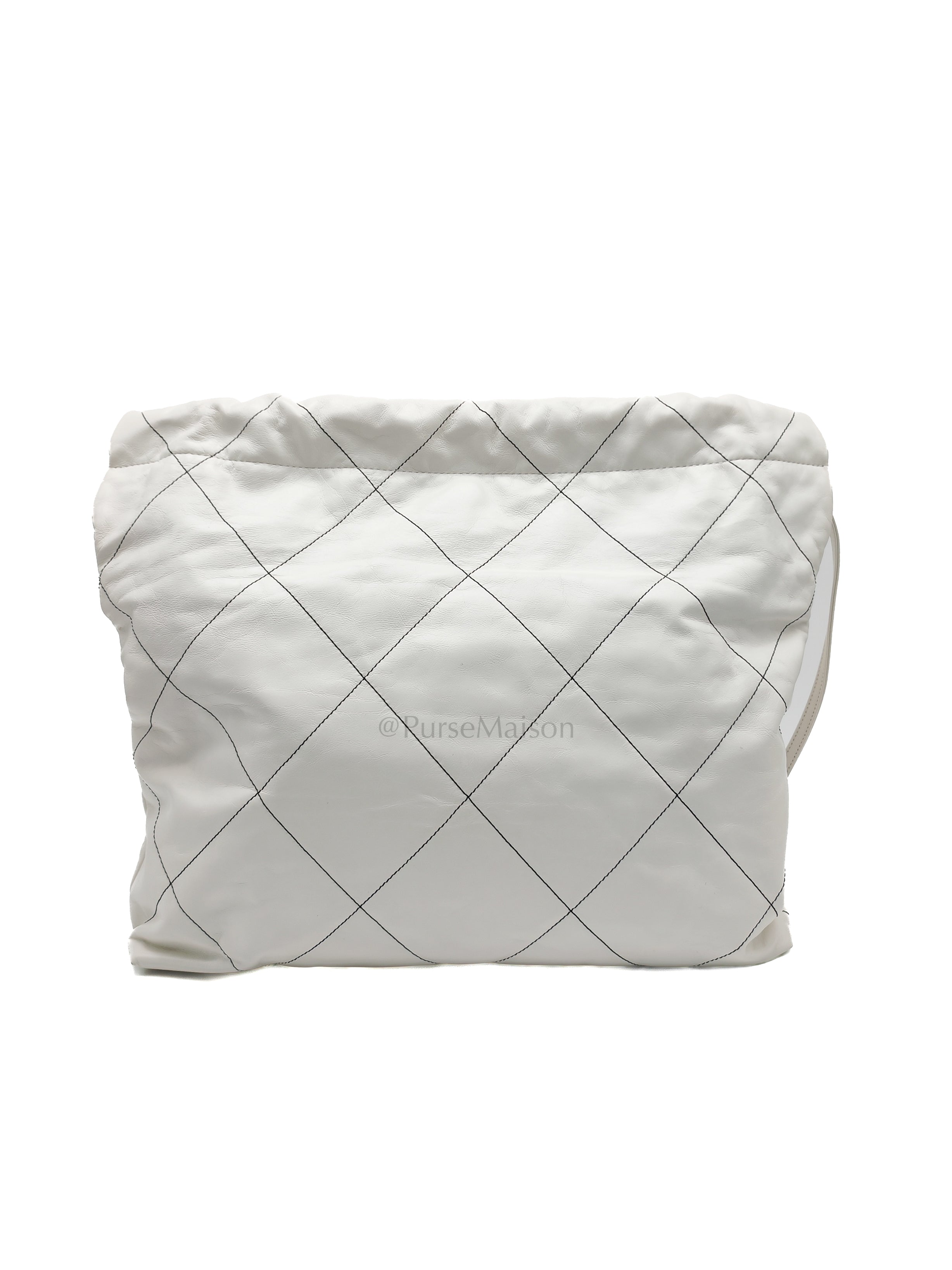 22 in White Quilted Calfskin Leather & Silver Hardware Microchip | Purse Maison Luxury Bags Shop