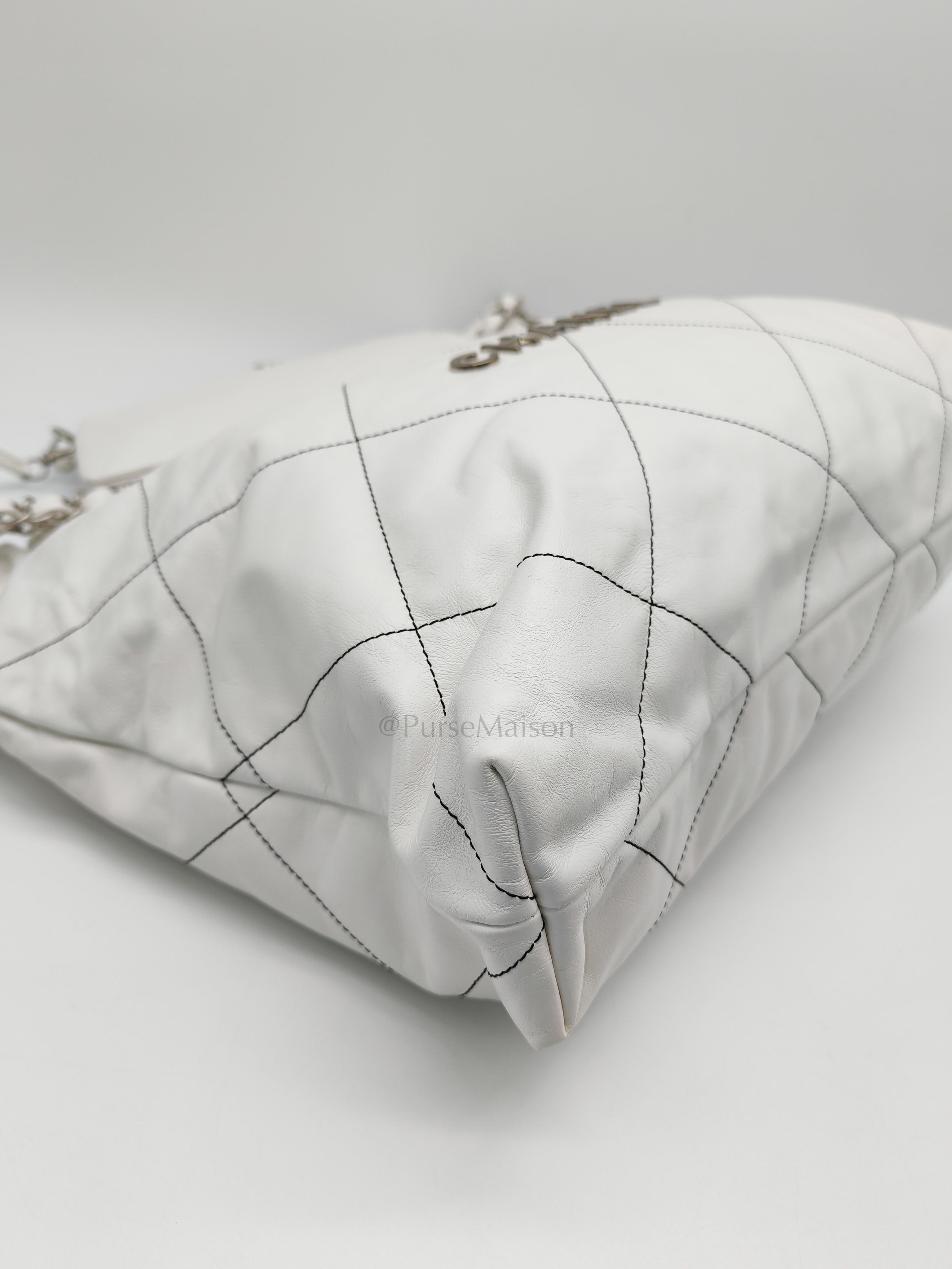 22 in White Quilted Calfskin Leather & Silver Hardware Microchip | Purse Maison Luxury Bags Shop