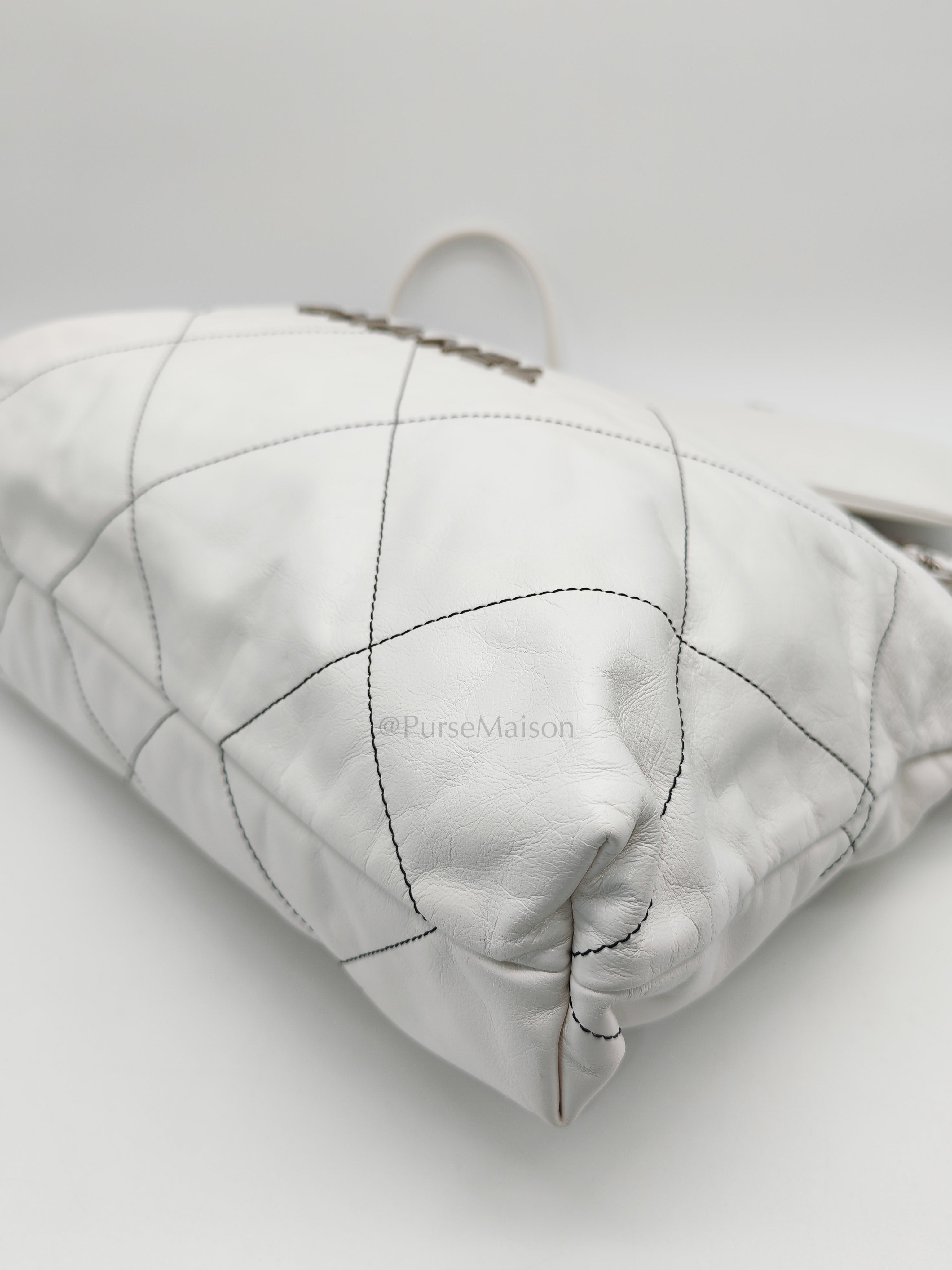 22 in White Quilted Calfskin Leather & Silver Hardware Microchip | Purse Maison Luxury Bags Shop