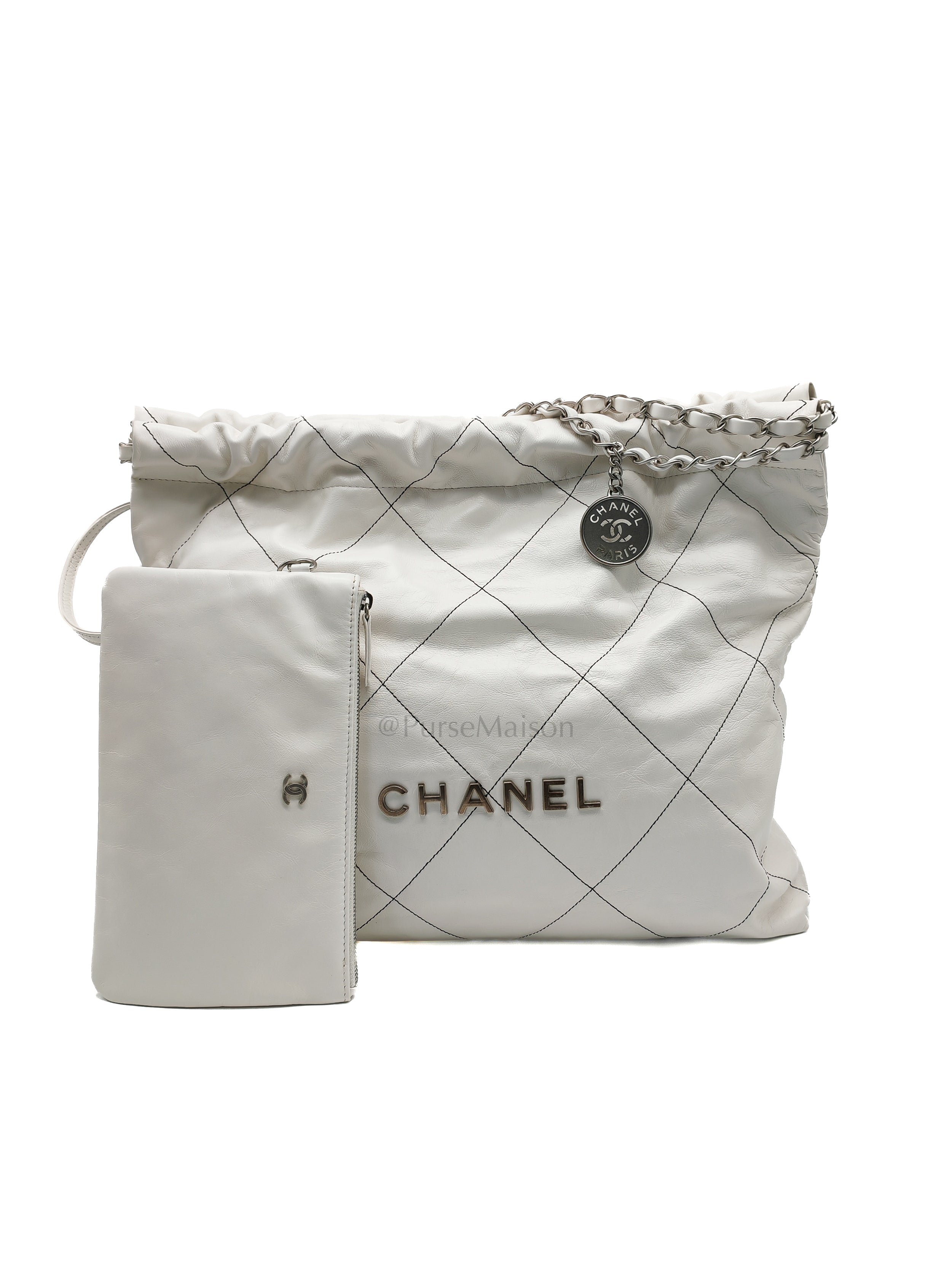 22 in White Quilted Calfskin Leather & Silver Hardware Microchip | Purse Maison Luxury Bags Shop