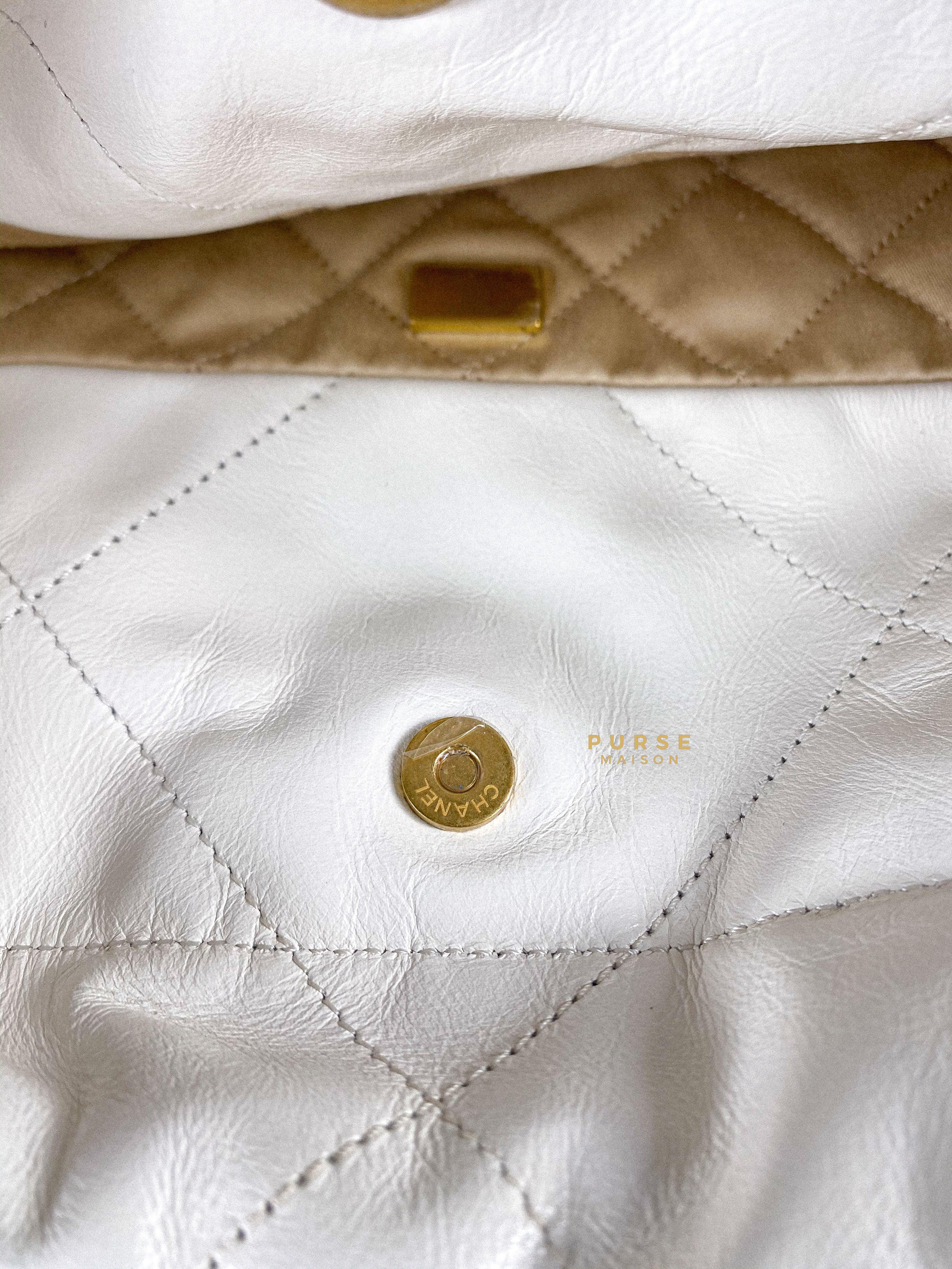 Chanel 22 Small White Calfskin and Aged Gold Hardware (Microchip) | Purse Maison Luxury Bags Shop