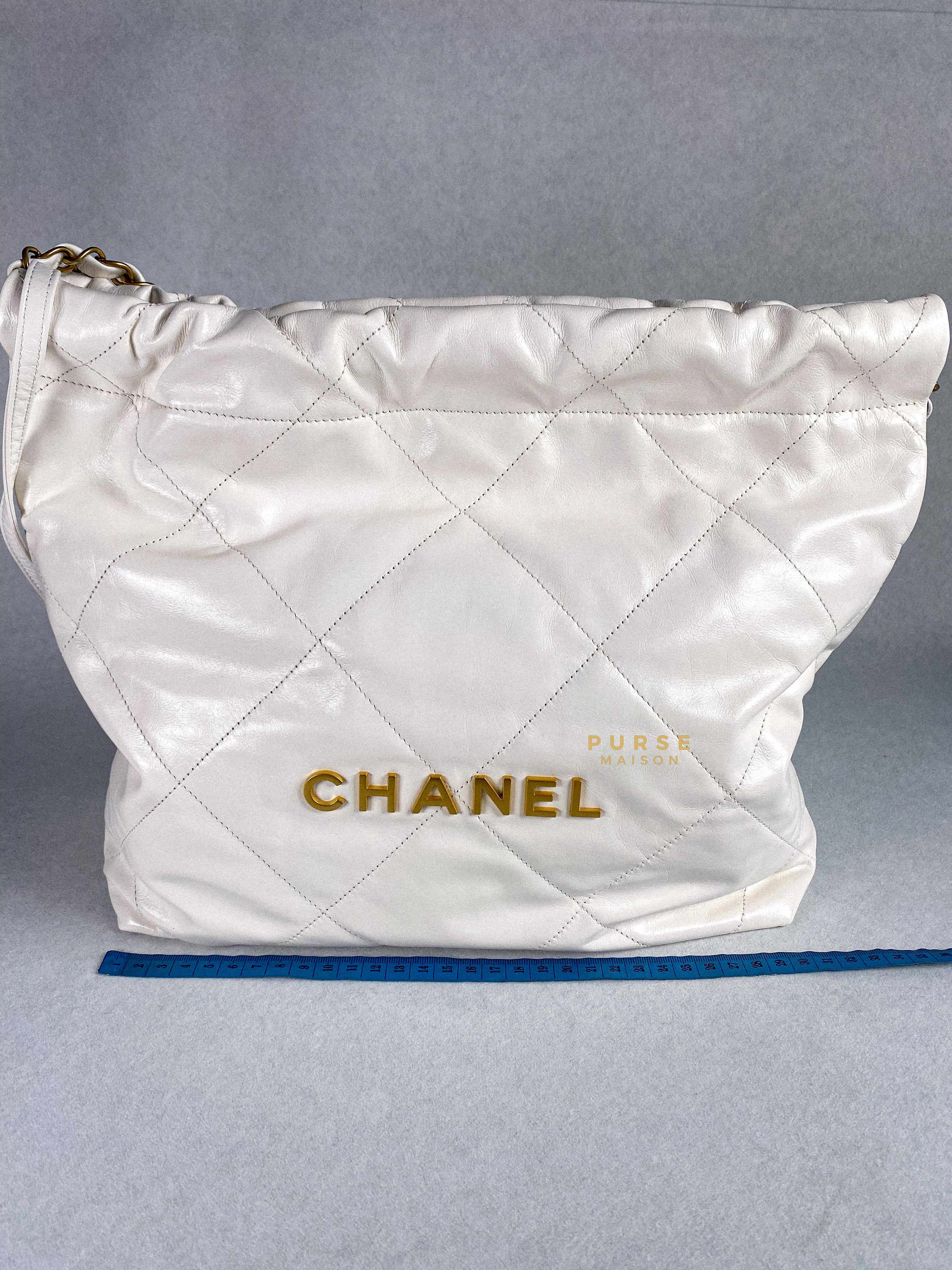 Chanel 22 Small White Calfskin and Aged Gold Hardware (Microchip) | Purse Maison Luxury Bags Shop