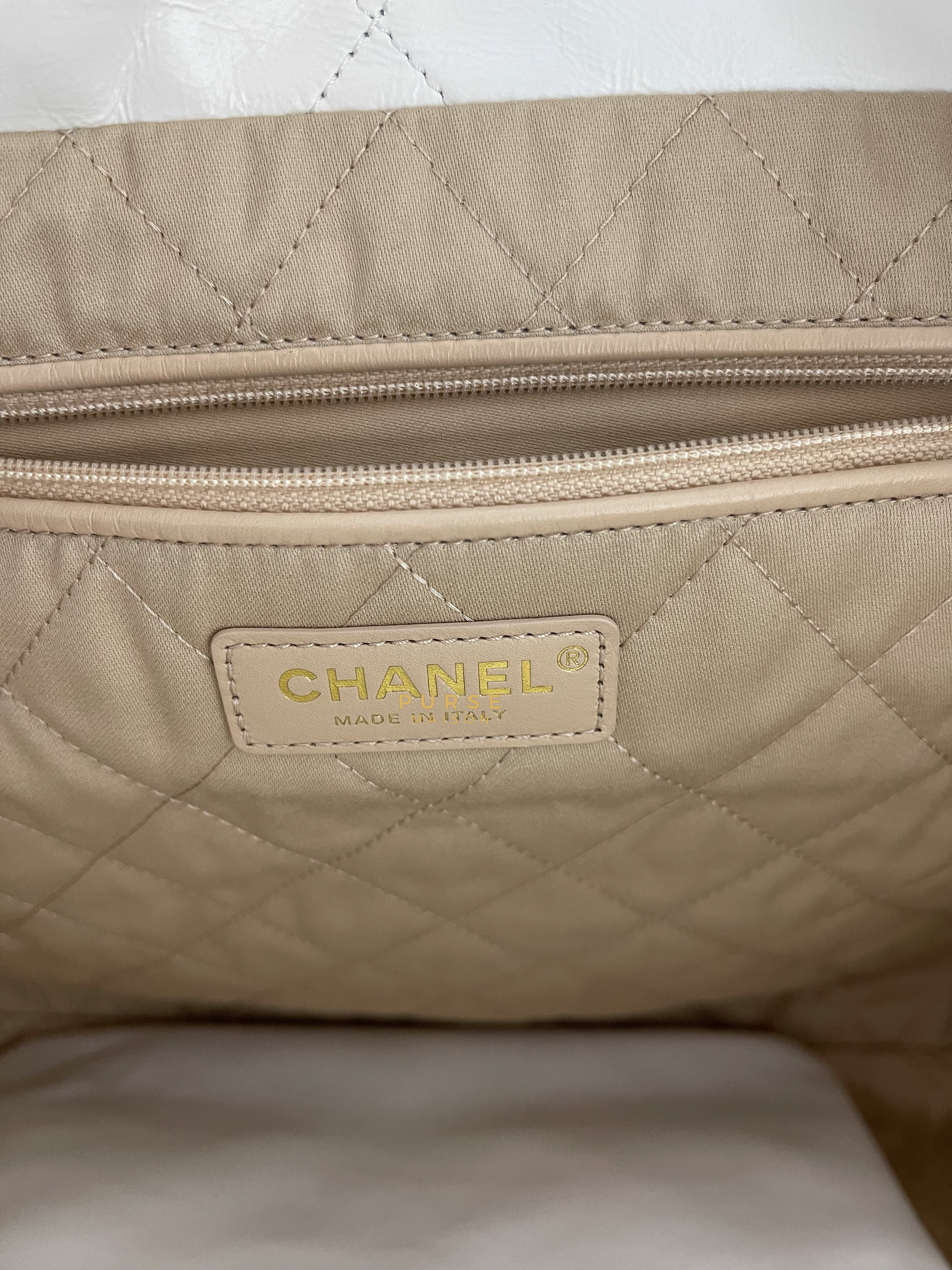Chanel 22 Small White Distressed Calfskin and Aged Gold Hardware (Microchip) | Purse Maison Luxury Bags Shop