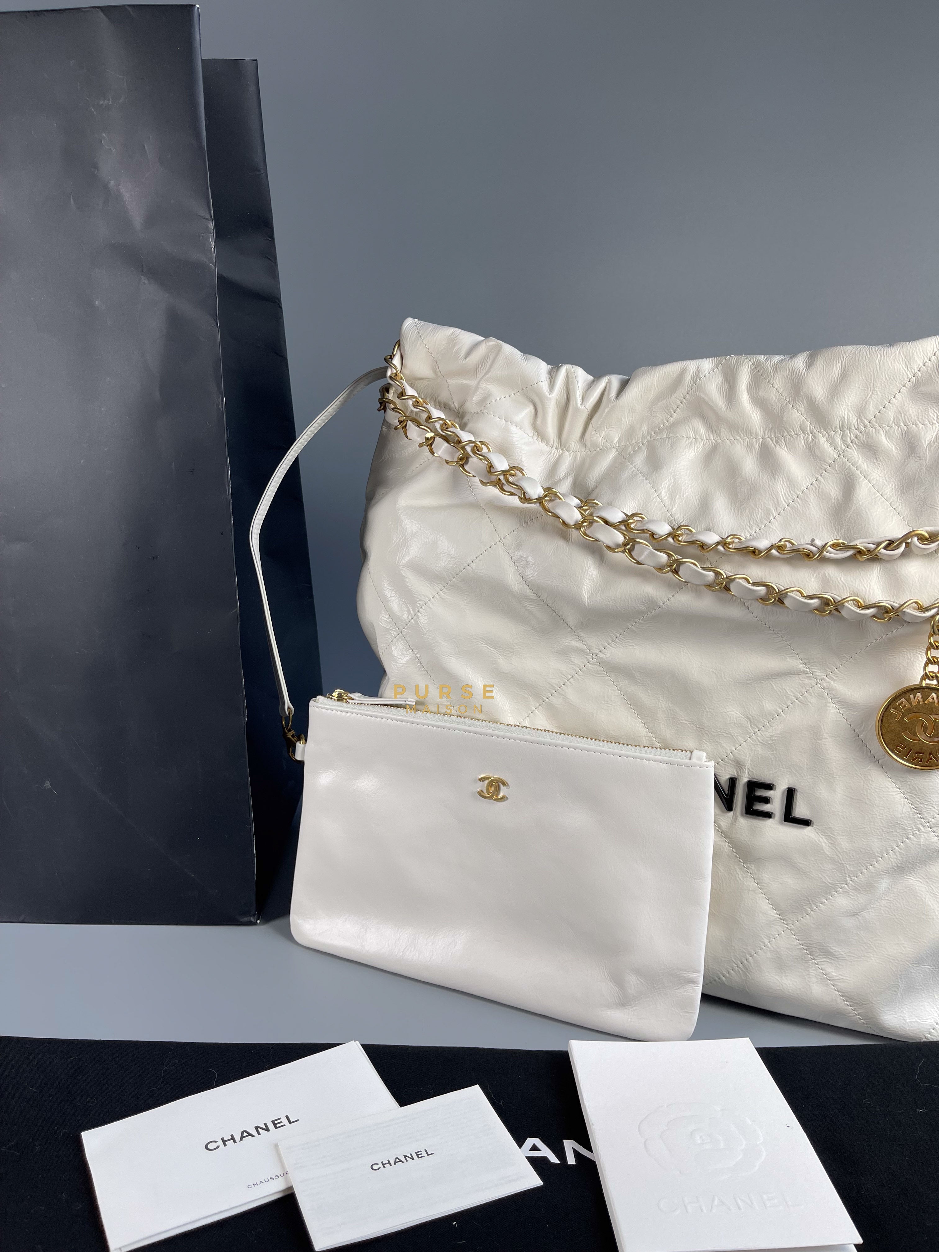 Chanel 22 Small White Distressed Calfskin and Aged Gold Hardware (Microchip) | Purse Maison Luxury Bags Shop