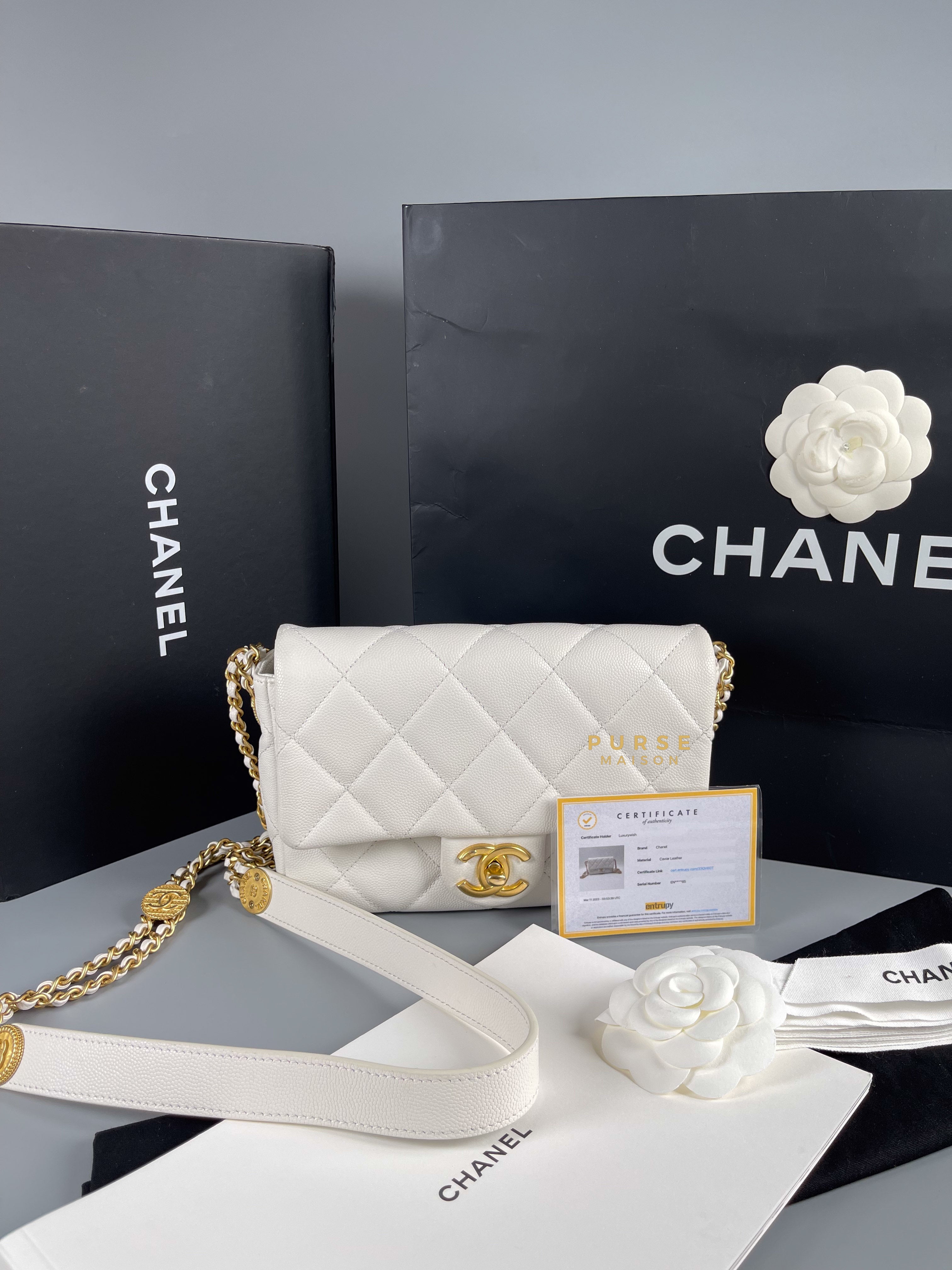 Chanel 22A White Caviar Twist Your Buttons Mini Flap Bag Gold Hardware | Purse Maison Luxury Bags Shop