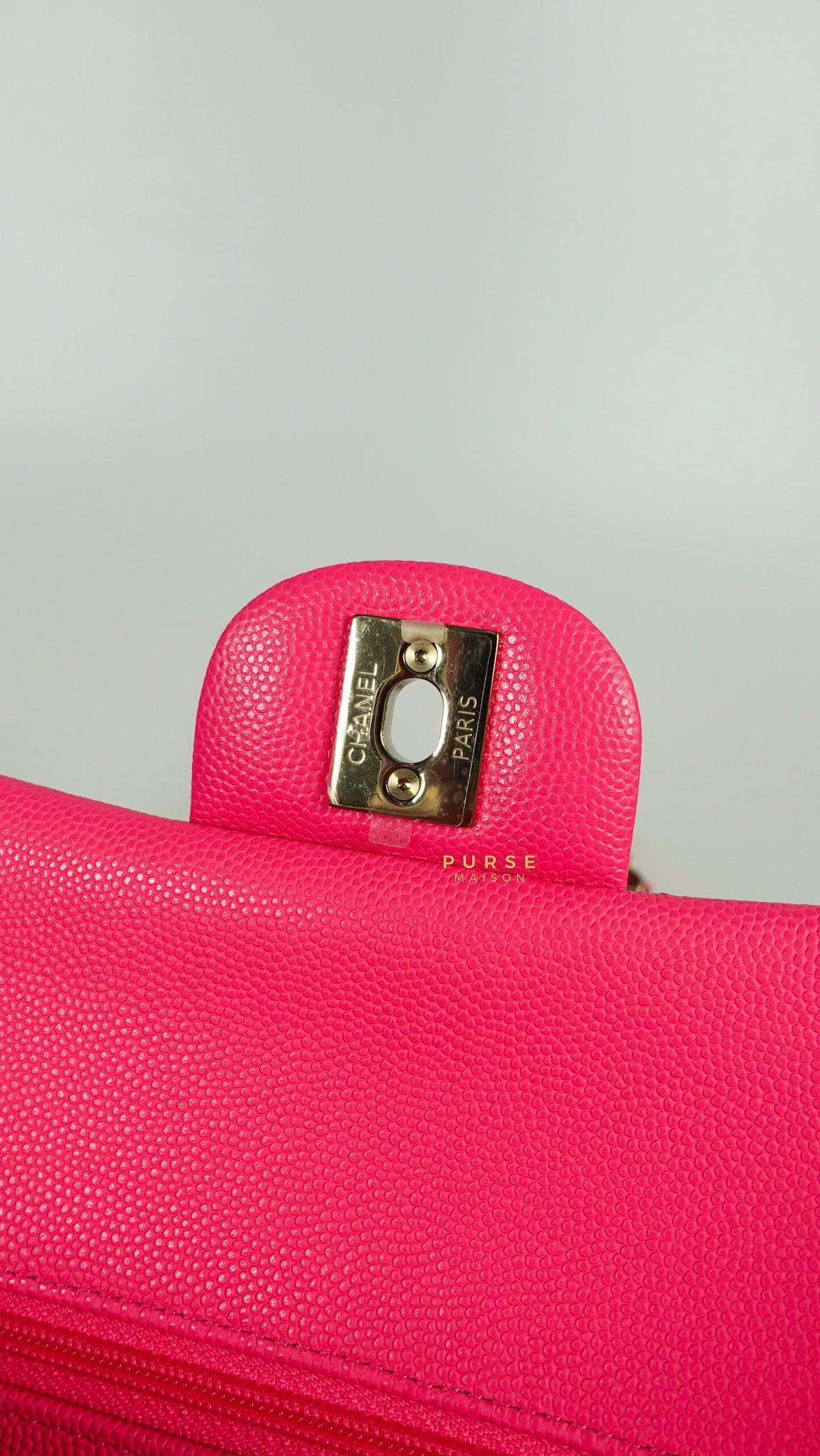 Chanel 22P Hot Pink Classic Double Flap Medium Caviar Light Gold hardware (Microchip)