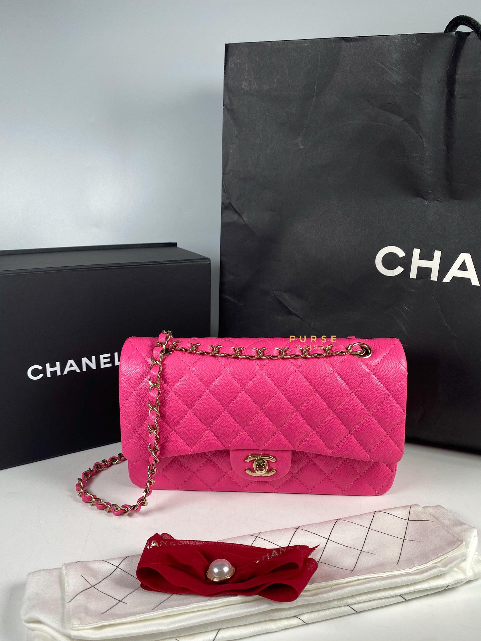 Chanel 22P Hot Pink Classic Double Flap Medium Caviar Light Gold hardware (Microchip)