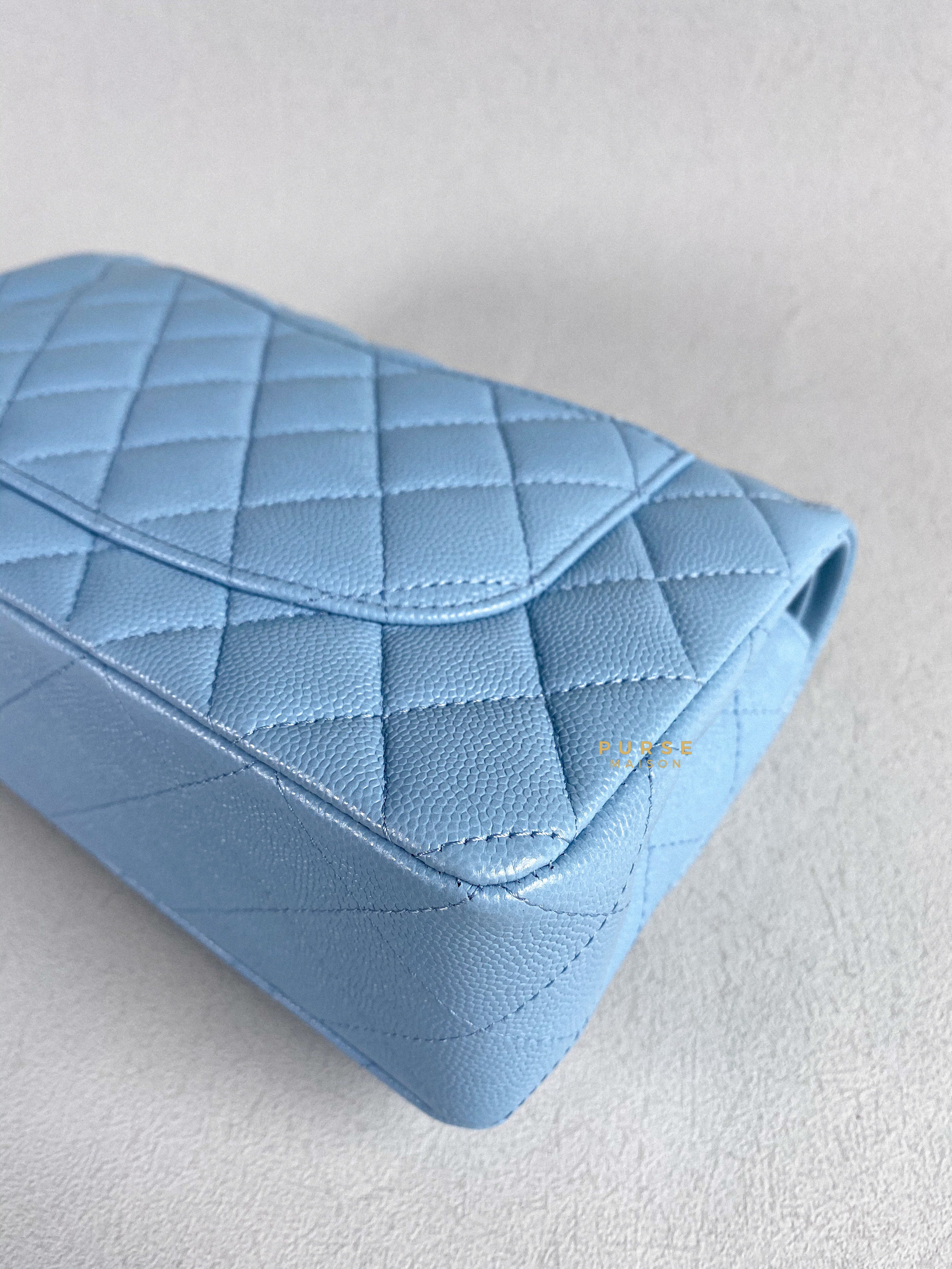 Chanel 22s Baby Blue Classic Double Flap Small Caviar Light Gold hardware (Microchip) | Purse Maison Luxury Bags Shop