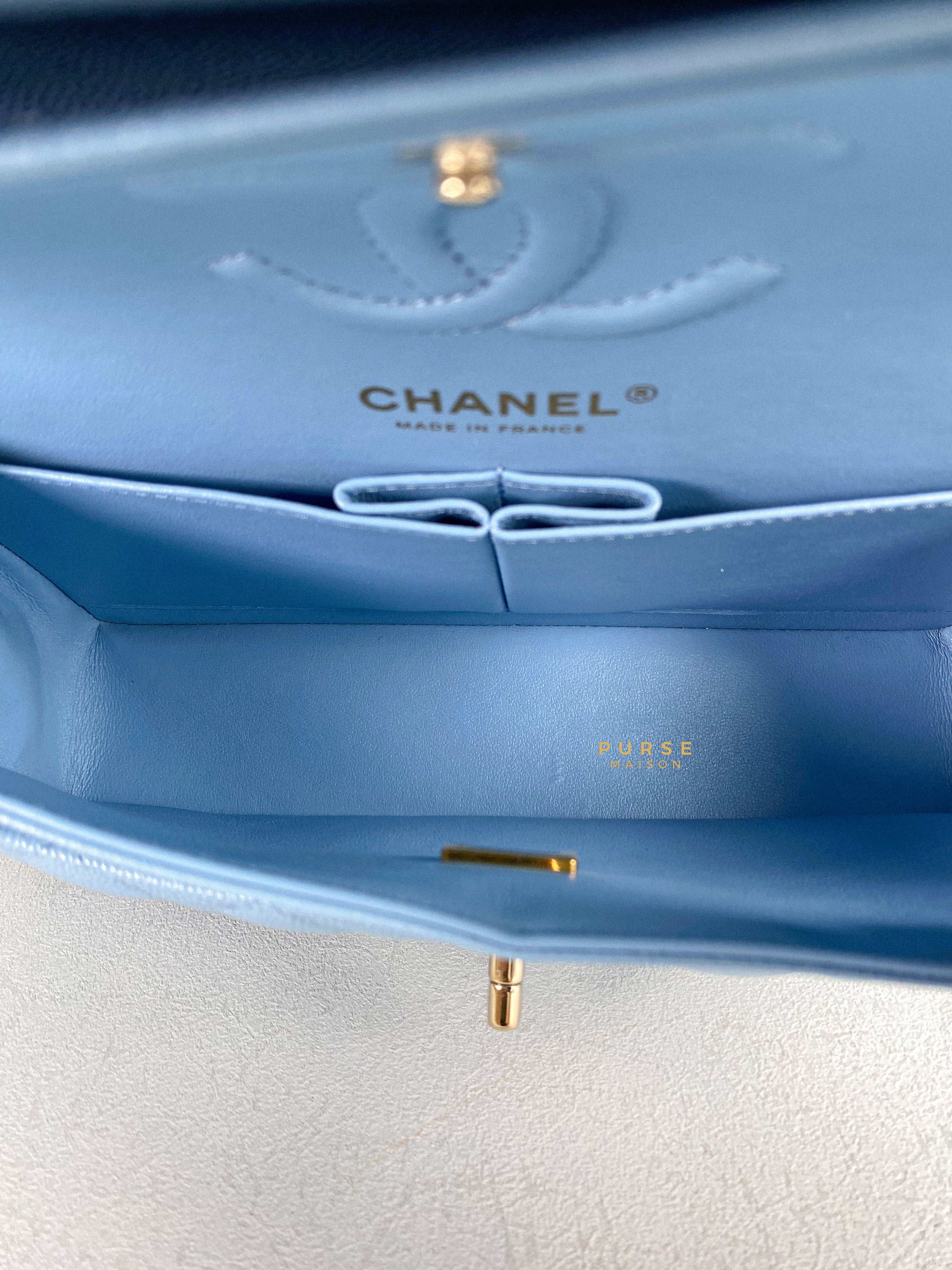 Chanel 22s Baby Blue Classic Double Flap Small Caviar Light Gold hardware (Microchip) | Purse Maison Luxury Bags Shop