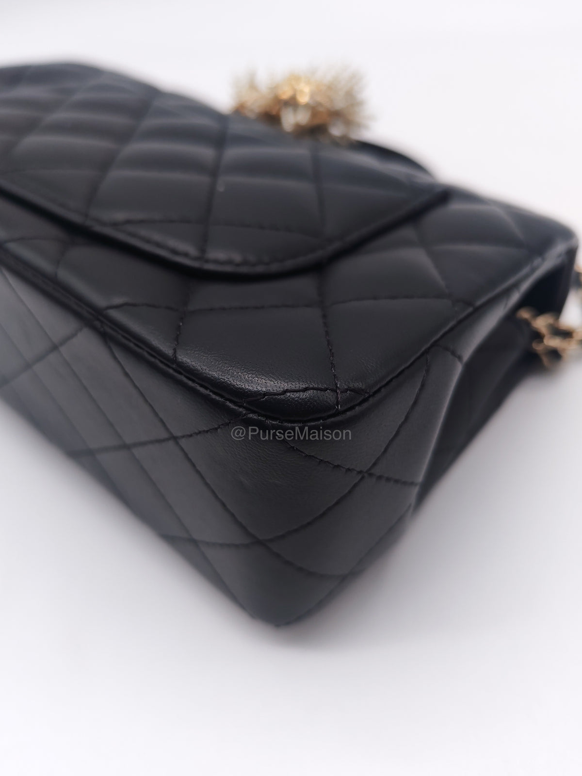 Chanel 23A Classic Mini Top Handle with Lion Charm in Black Lambskin Leather Light Gold Hardware (Microchip) | Purse Maison Luxury Bags Shop