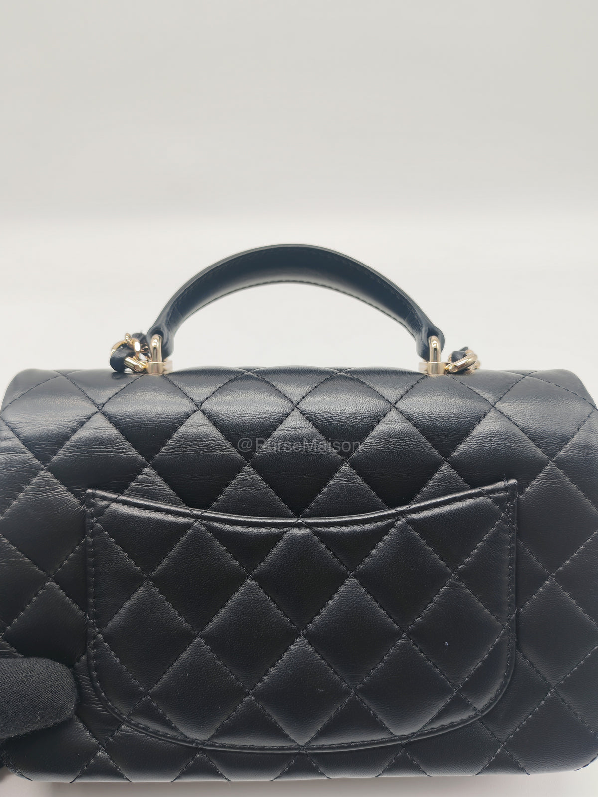 Chanel 23A Classic Mini Top Handle with Lion Charm in Black Lambskin Leather Light Gold Hardware (Microchip) | Purse Maison Luxury Bags Shop