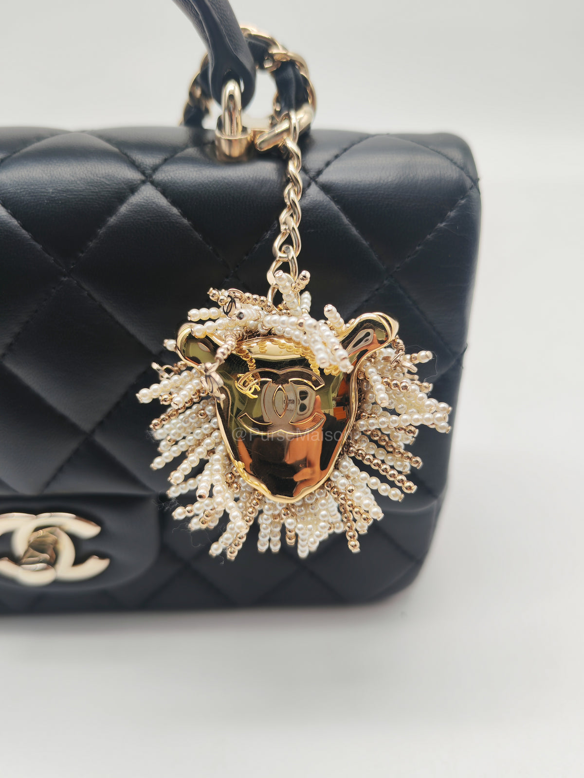 Chanel 23A Classic Mini Top Handle with Lion Charm in Black Lambskin Leather Light Gold Hardware (Microchip) | Purse Maison Luxury Bags Shop