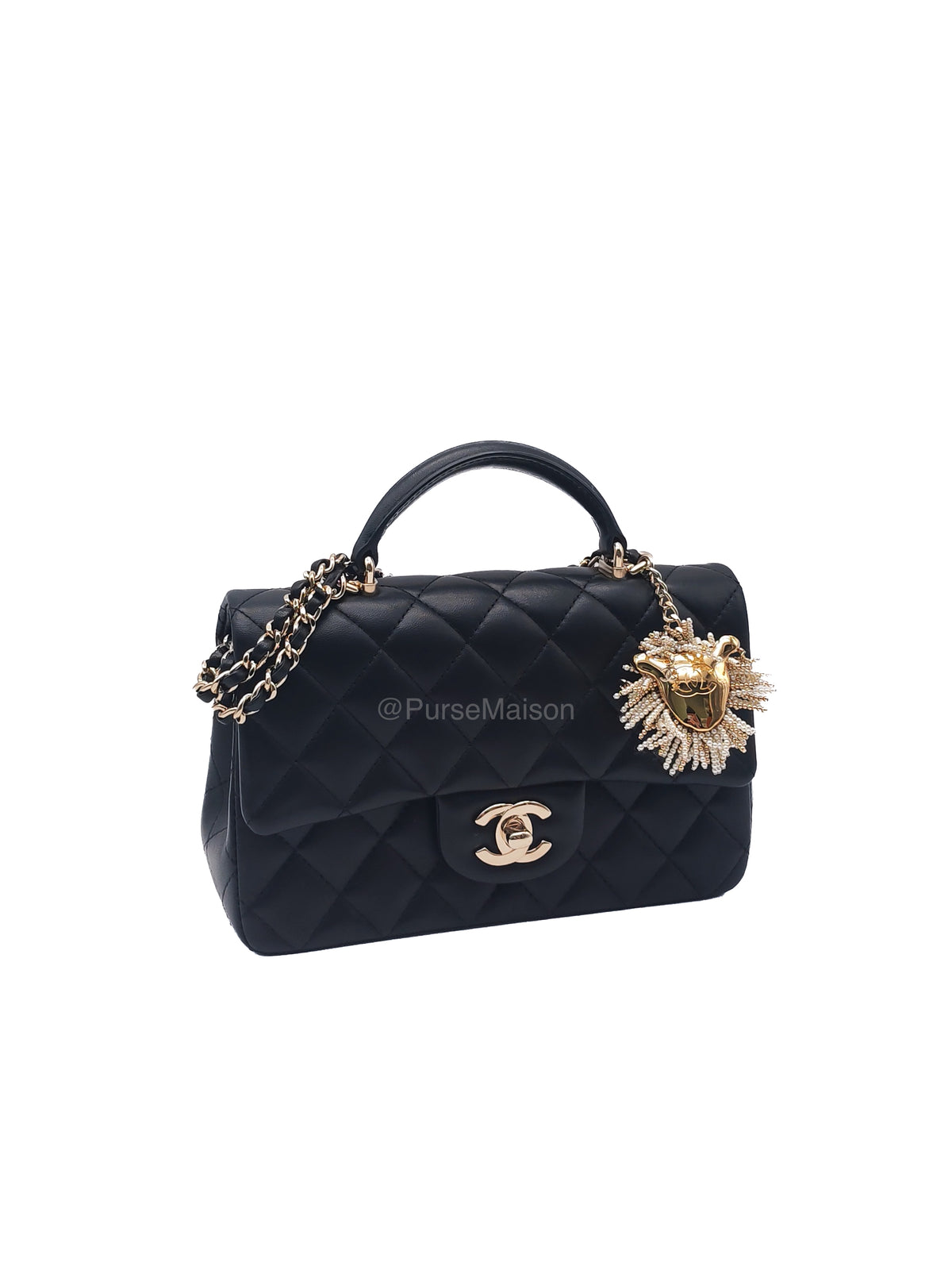 Chanel 23A Classic Mini Top Handle with Lion Charm in Black Lambskin Leather Light Gold Hardware (Microchip) | Purse Maison Luxury Bags Shop